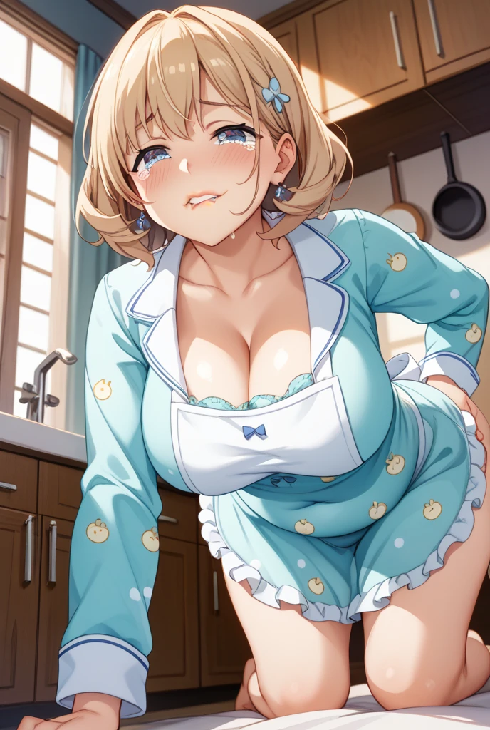 source_anime, kawaii, (((masterpiece)), ((high resolution 8K))), professional illustration, rating_explicit, 1girl, 1boy, sexual ecstasy, orgasm, stunning face, symmetrical clear eyes, detailed eyes and face, detailed body, curvy, shiny skin, detailed skin, 20-year-old girl, light blonde short hair, slant blue eyes, large breasts, sitting on kitchen, apron, panties aside, hitachi magic wand, m legs, heavy breathing, from below, saliva, (sound effects:1.3), (spoken text:1.3), score_9, score_8_up