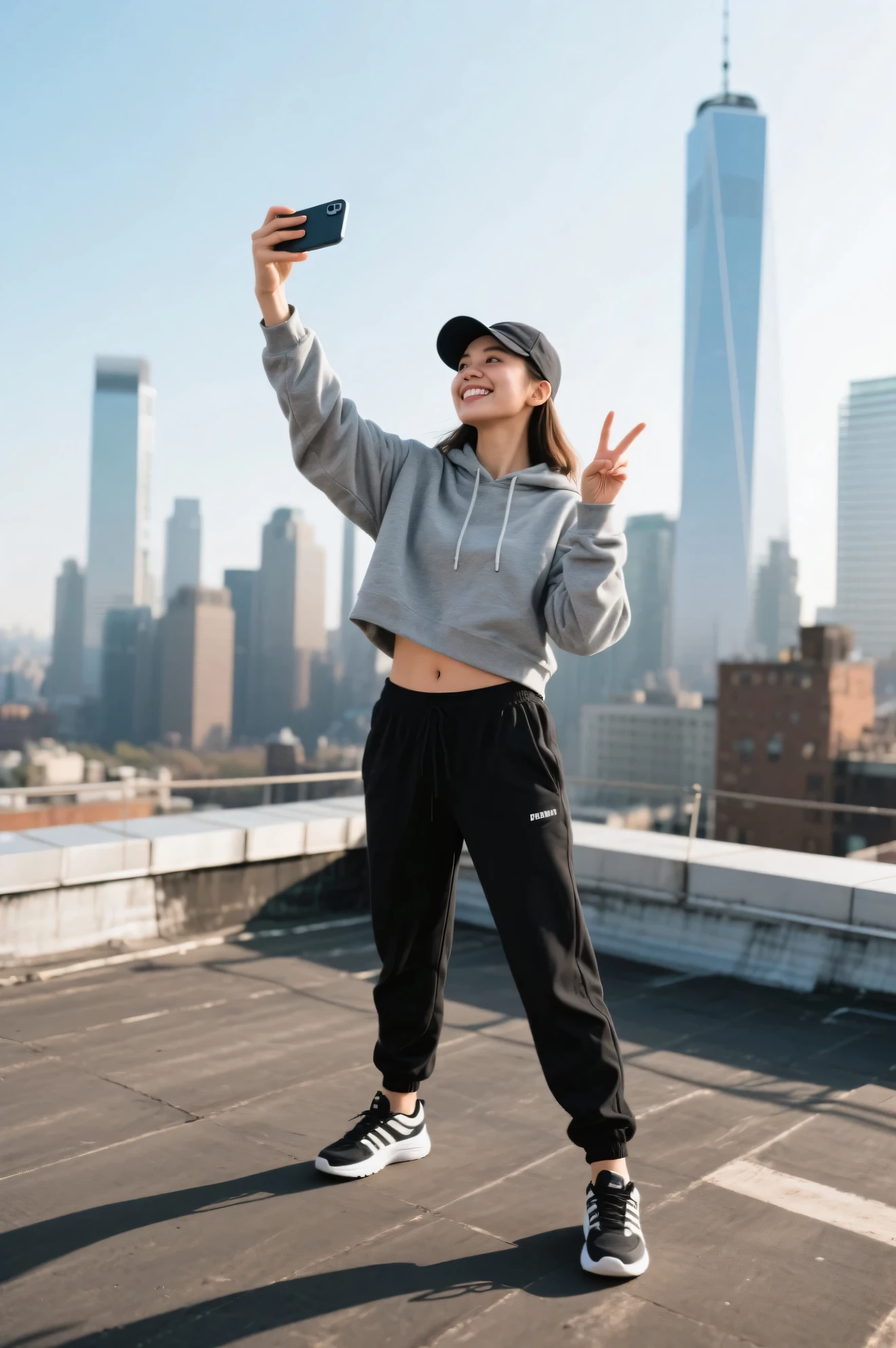 Highest Quality、iPhone camera-like high-resolution photo、natural light、vivid colors、shallow depth of field、realistic details、HDR effects 、girl taking a selfie on the rooftop with the skyline of a skyscraper in the background、gray cropped hoodie and black jogger pants、determined to be sporty with cap and sneakers、Nice smile while making peace with one hand、masterpiece