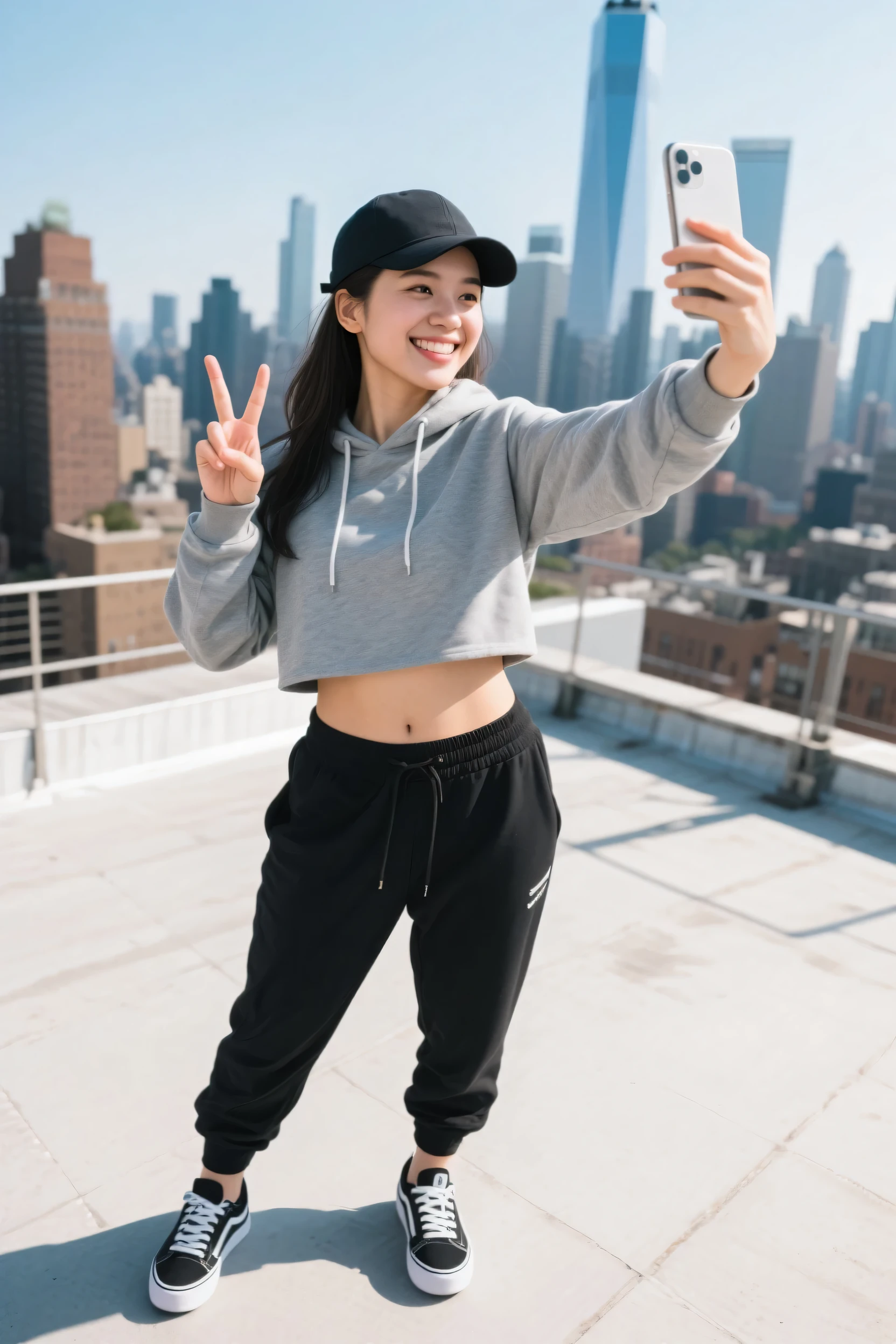 Highest Quality、iPhone camera-like high-resolution photo、natural light、vivid colors、shallow depth of field、realistic details、HDR effects 、girl taking a selfie on the rooftop with the skyline of a skyscraper in the background、gray cropped hoodie and black jogger pants、determined to be sporty with cap and sneakers、Nice smile while making peace with one hand、masterpiece