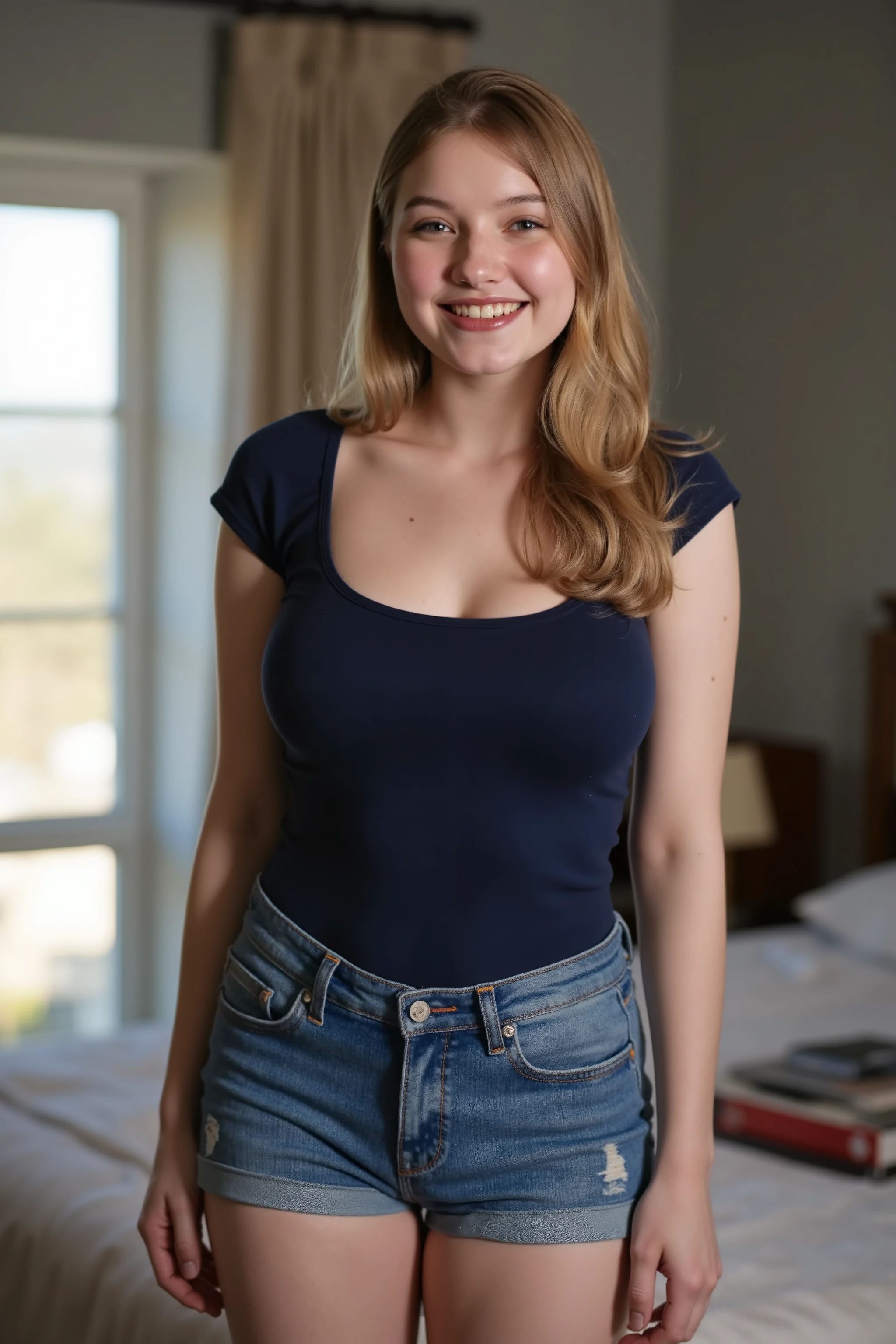 (extreme long distance shot:2.0) for a lora training set.  A beautiful fair skinned woman with blue eyes and long straight blond hair. Fair complexion, light skin, huge giant breasts, She is standing in a well lit bedroom wearing a fitted navy blue t-shirt and jean shorts.  She is smiling excitedly. diffused lighting, (masterpiece), (best quality), Full_Body_Image, ((Full Body, Full Head, Hand, Feet visible)