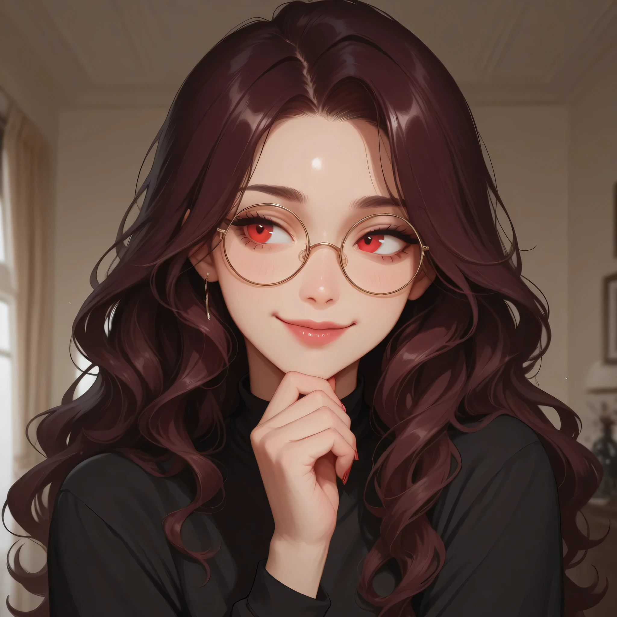 Female anime character with dark brown wine hair. She poses with her chin propped up and smiling slightly. The direction of the side view is looking to the left. She has wavy hair. She wears round glasses. She looks cunning, innocent, sweet, cute and beautiful. She wears a long black shirt and a black undershirt.has blackish red eyes. has a strong and sharp vibe.with an elegant photo background.