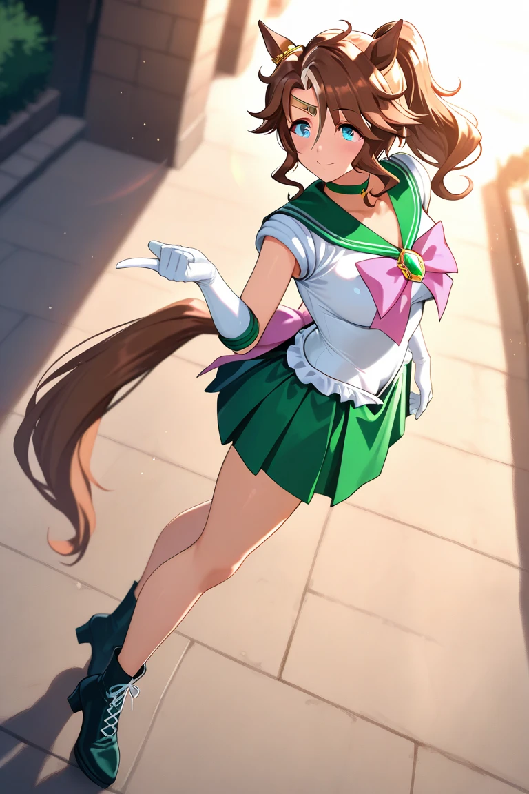 Highest quality, High resolution,((Sailor Jupiter)), One Girl, single, alone, Beauty, bangs, Brown Hair,Long ponytail)), ((Green Eyes, Beautiful eyelashes, )), (( Super anime CG style)), , Dynamic Angle, Perfect body, ((とても恥ずかしいパニックsmile、Look back and see this,(Point your butt forwarNo underwear)、tall、No sleeve,The ruins in the background are very beautiful,Big eyes,(High definition and very beautiful eyes).smile,((Deep green ultra-mini skirt)),Looking up at the butt,Jupiter isible,Big Ass,