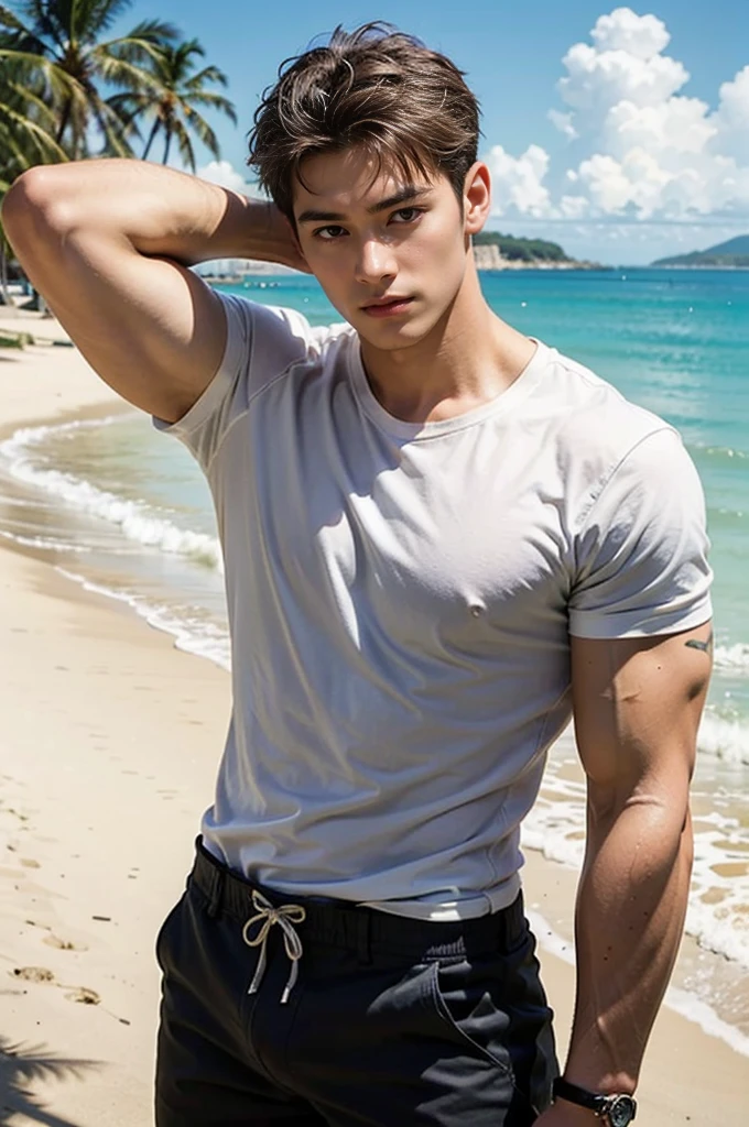 Male handsome man short hair muscle shower sea
