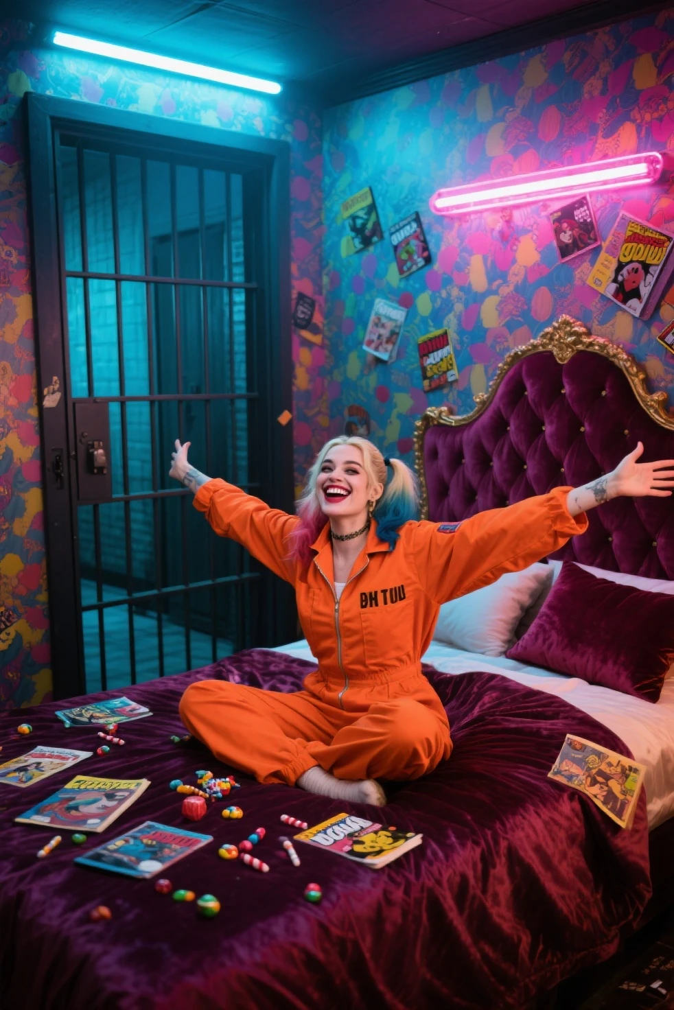 Harley Quinn (played by Margot Robbie), sitting on a plush bed inside a fancy, whimsically decorated prison cell, with velvet pillows, neon lights, colorful wallpaper, scattered comic books and candy, smiling brightly with arms wide open, inviting the viewer through an open cell door, wearing an orange prison jumpsuit, cinematic lighting, ultra-realistic textures, dramatic shadows, 35mm film look, playful and chaotic yet luxurious atmosphere