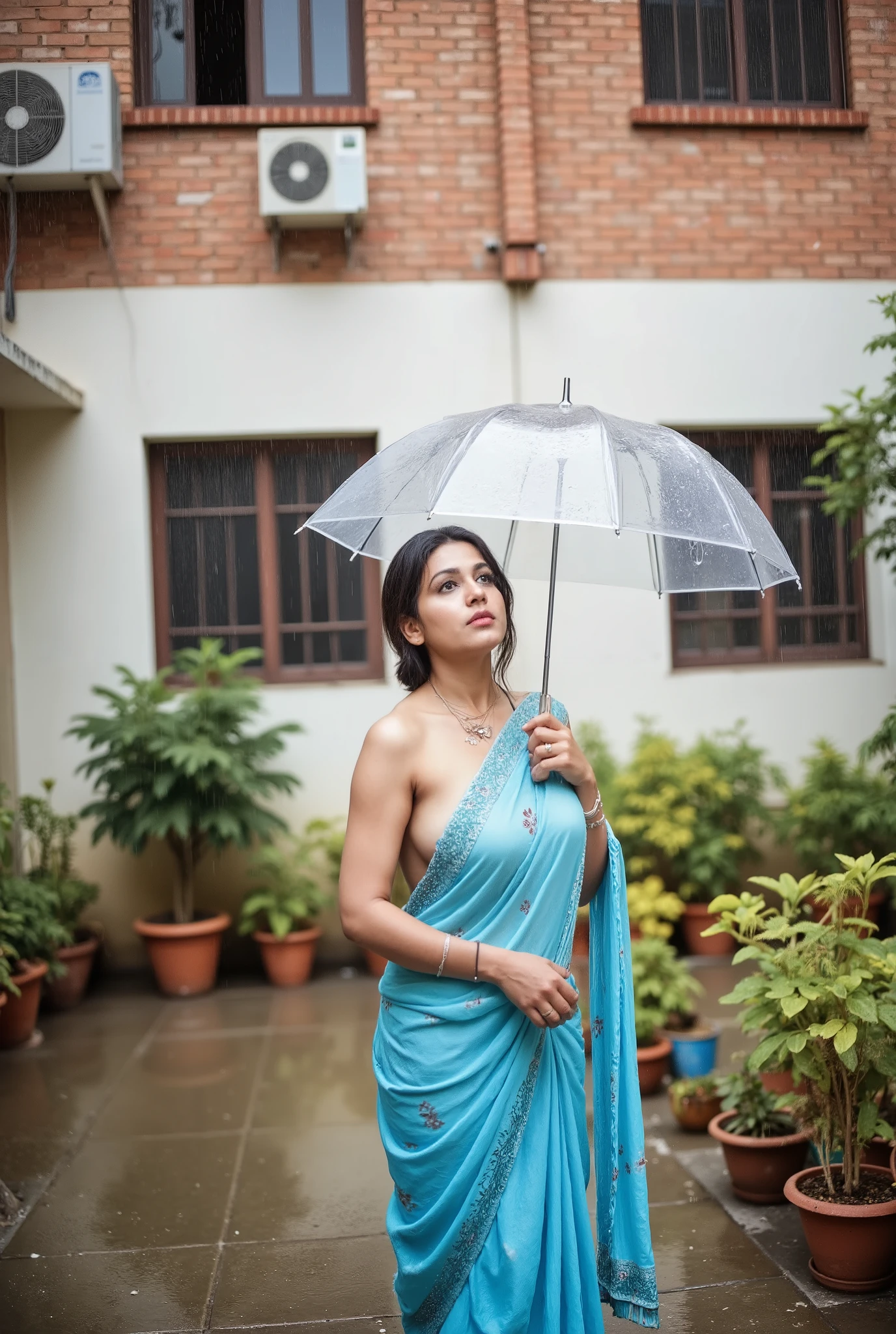 A woman stands in a courtyard on a rainy day, holding a transparent umbrella. She is wearing a light blue, sleeveless saree with a small floral print. Her dark hair is pulled back in a loose bun. She has a tattoo on her left shoulder and another on her left forearm. The courtyard is paved with concrete and contains several potted plants of varying sizes and types. Some of the plants are leafy green, while others appear to be small shrubs or flowering plants.
The background features a two-story building with a mix of materials. The lower part of the building is white with visible signs of weathering and age, including some peeling paint and discoloration. The upper part of the building is constructed of red brick. A window with dark metal bars is visible on the brick section. An air conditioning unit is mounted on the white wall below the window.
The overall lighting is medium and diffused due to the overcast, rainy weather. Raindrops are visible on the umbrella and in the air, creating a misty atmosphere. The woman is looking upwards, her face slightly angled towards the sky. The scene conveys a sense of quiet contemplation and solitude amidst the rain.