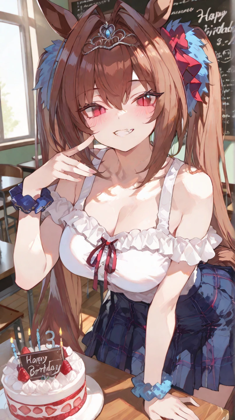 ((cinematic light)), (colorful:1.2), hyper detail, dramatic light, intricate details, (best quality:1.2), highly detailed,Anime, Moe, illustration, (wallpaper, masterpiece, ultra-detailed, best shadow), (beautiful detailed face, beautiful detailed eyes), high contrast, (best illumination, an extremely delicate and beautiful),((very aesthetic)),
little girl,standing,knees together,puffy hair,brown hair,twintails,blue eyes,half-closed eyes,smirk,blush,fang,blue hoodie jacket,short sleeves,stripe camisole,tiered skirt,wrist scrunchie,white cute pattern thighhighs,sneakers,partially unzipped,white background,