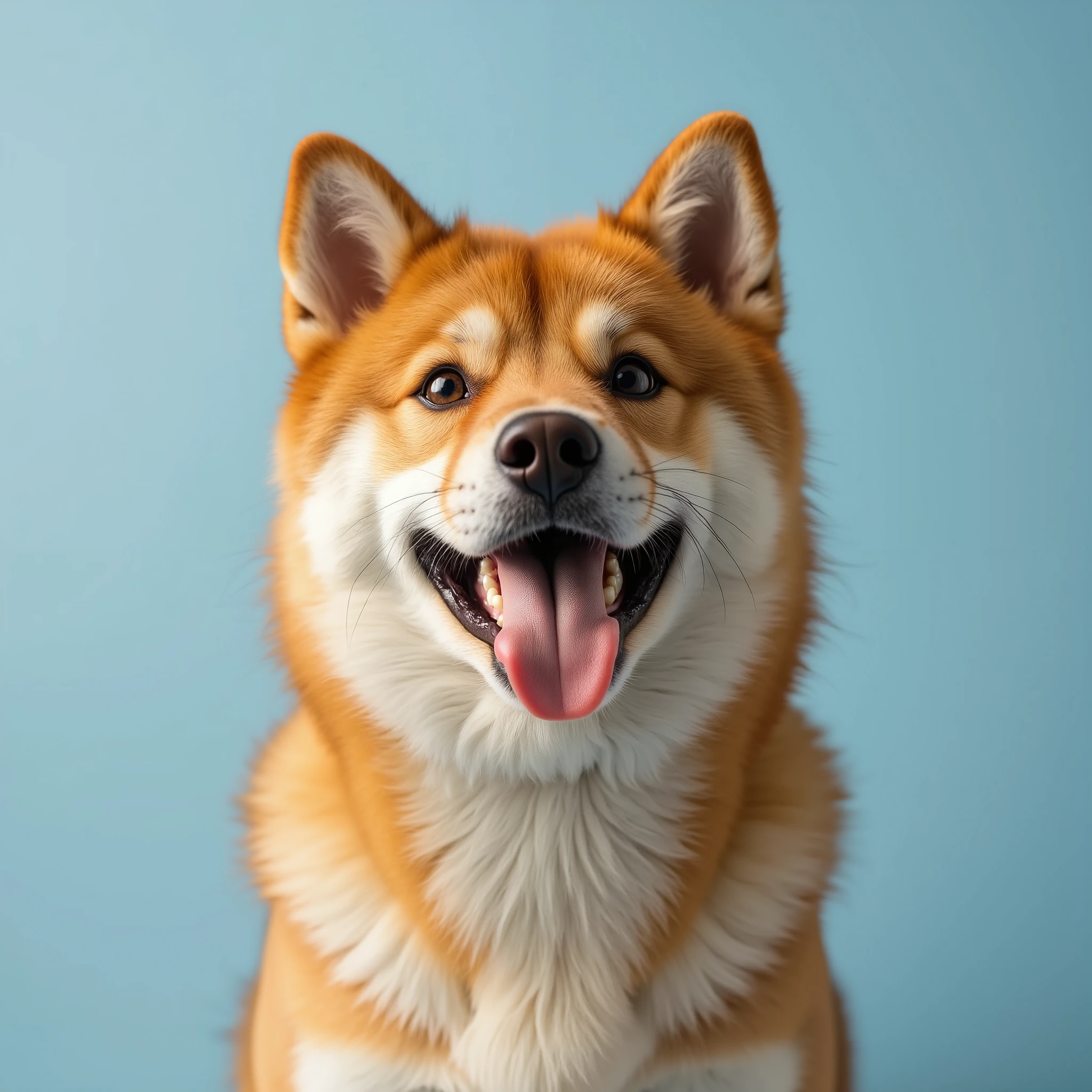 Photorealistic image of a happy Shiba Inu dog with tongue out, looking into the camera playfully from the side, head tilted, on a solid light blue background. Sharp focus, natural lighting, high detail, realistic fur texture, fun and cheerful expression, DSLR photo quality, minimal background.
