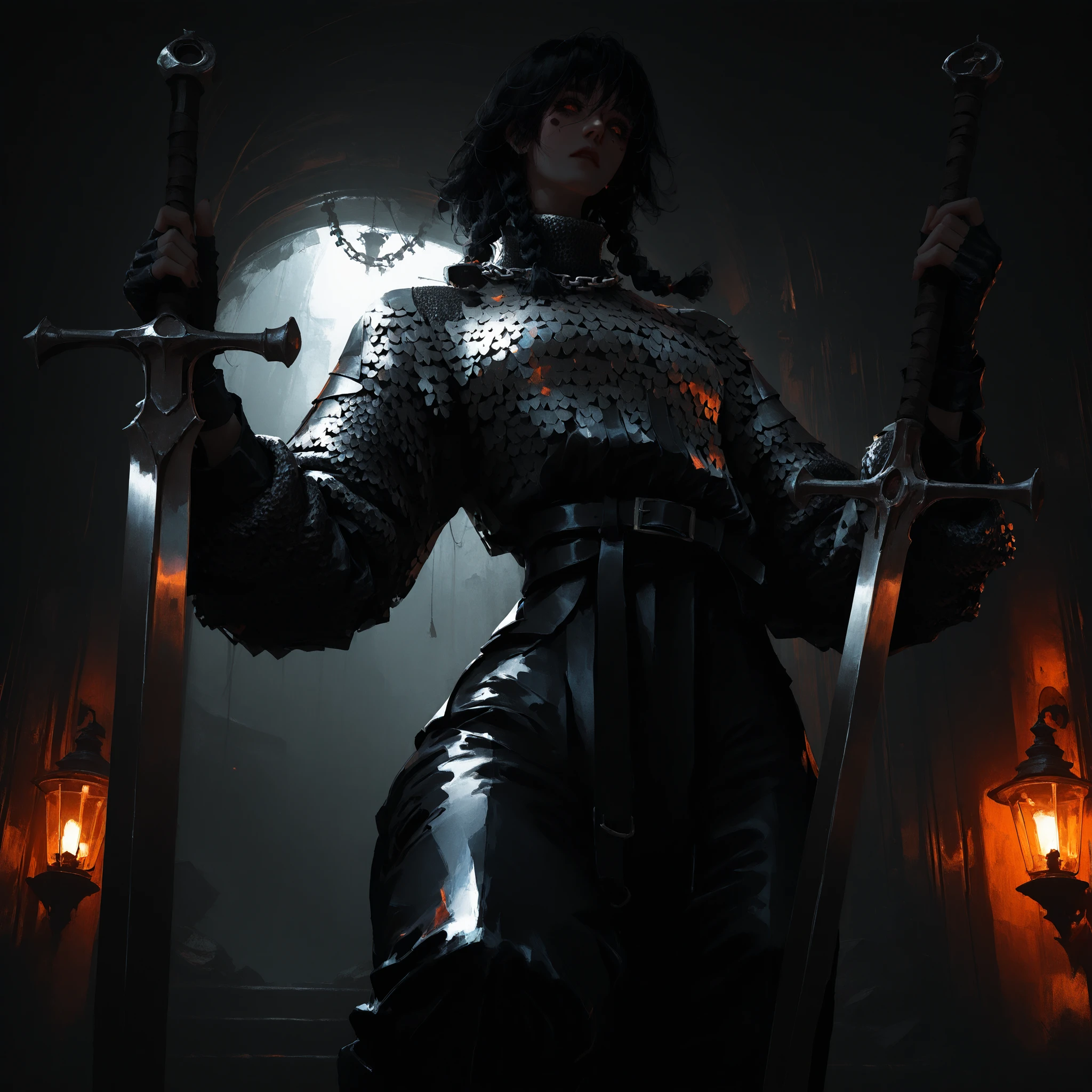 artist: wlop, masterpiece, best quality, illustration, a vampire woman, beautiful woman, European facial features, Caucasian, small breasts, shoulder length black hair, small braids, red irises, detailed face, loose fitting leather pants, female wearing very loose fitting high waist black leather pants with a black belt, and a (thick gray long-sleeved chainmail shirt with a high neck), black leather combat boots and fingerless gloves, tall-looking, fantasy, holding iron sword, perfect anatomy, detailed, lighting, colorful, slim body, fit body, ideal ratio body proportions, tall, Realistic Shadows, regular steel sword, steel sword, normal steel sword, detailed face, detailed eyes, epic, chain mail long sleeve shirt, high neck chainmail shirt, chainmail long sleeve shirt, top fully covering upper body, fully covered upper body, highly detailed, dark colours, cool pose, upper body portrait, cinematic portrait, videogame style background, game style artwork background, illustration style background, cinematic background, cinematic lighting, themed background, epic background, melancholic background, detailed snowy landscape with moonlit scenery, immersive background, eye catching background, unique background, detailed eyes, Official Art, worm's eye view,