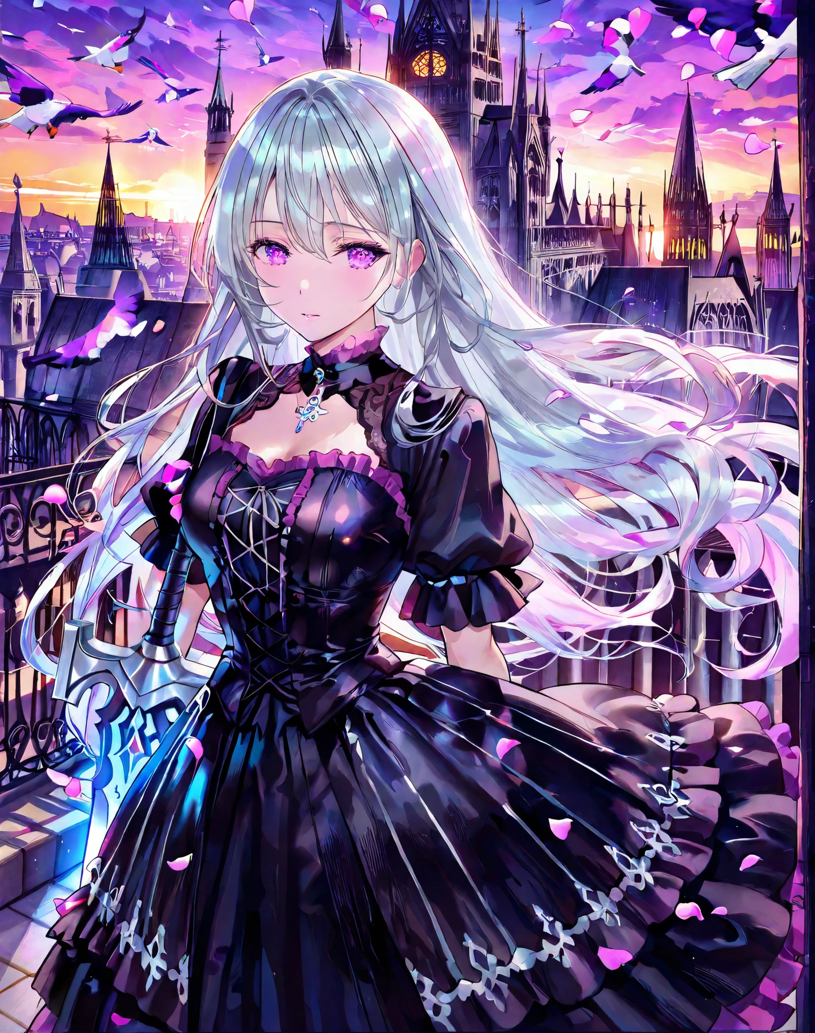 masterpiece, best quality, ultra-detailed, (anime-style beautiful girl:1.2), long flowing silver hair, (gothic ta dress:1.1), purple and black layered frills, detailed lace, ornate black greatsword, standing on gothic cathedral rooftop, fantasy city background, sunset sky glowing in violet and pink, flying birds, swirling petals, cinematic lighting, melancholic expression, baroque architecture, dynamic wind




