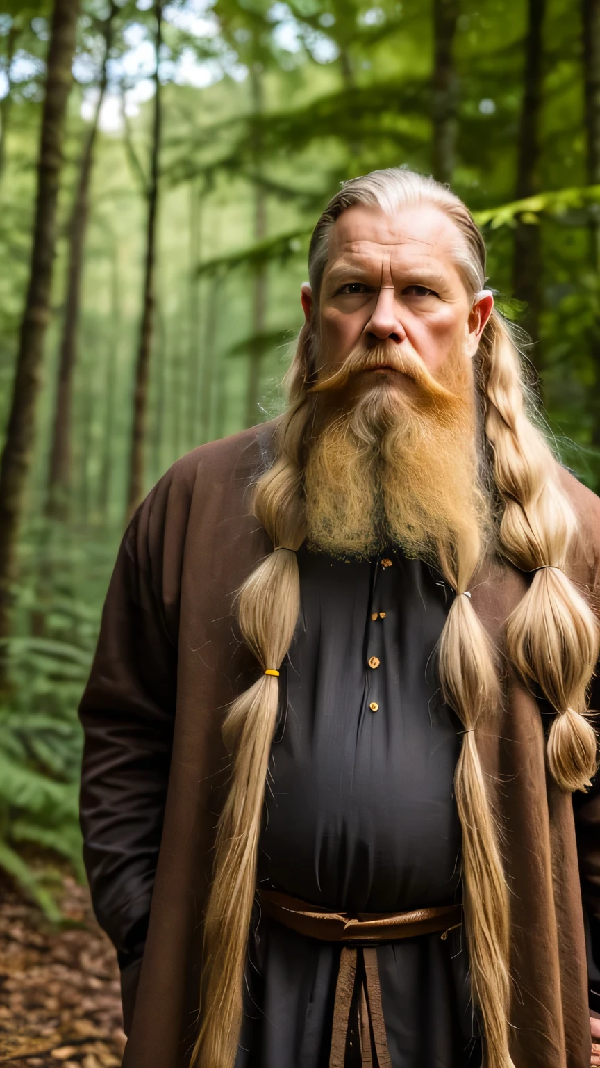 Old Viking with long blond hair, long beard and mustache. serious look. dressed in old clothes, medieval. Clothes made with natural products. Inside a forest full of flowers and mushrooms.