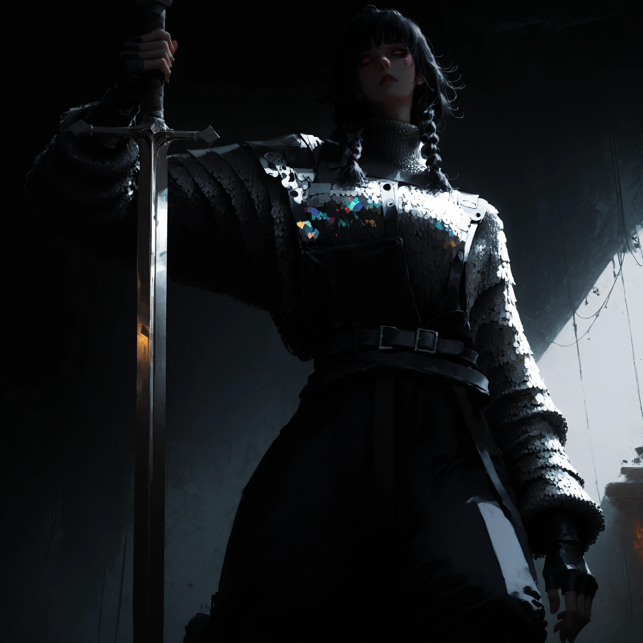 artist: wlop, masterpiece, best quality, illustration, a vampire woman, beautiful woman, European facial features, Caucasian, small breasts, shoulder length black hair, small braids, red irises, detailed face, loose fitting leather pants, female wearing very loose fitting high waist black leather pants with a black belt, and a (thick gray long-sleeved chainmail shirt with a high neck), black leather combat boots and fingerless gloves, tall-looking, fantasy, holding iron sword, perfect anatomy, detailed, lighting, colorful, slim body, fit body, ideal ratio body proportions, tall, Realistic Shadows, regular steel sword, steel sword, normal steel sword, detailed face, detailed eyes, epic, chain mail long sleeve shirt, high neck chainmail shirt, chainmail long sleeve shirt, top fully covering upper body, fully covered upper body, highly detailed, dark colours, cool pose, upper body portrait, cinematic portrait, videogame style background, game style artwork background, illustration style background, cinematic background, cinematic lighting, interesting background, themed background, epic background, melancholic background, deep dark purple swirls background, snow detailed background, immersive background, eye catching background, unique background, detailed eyes, Official Art, worm's eye view, text says "Seyva Veyne", (cover), top quality, red pop colors.