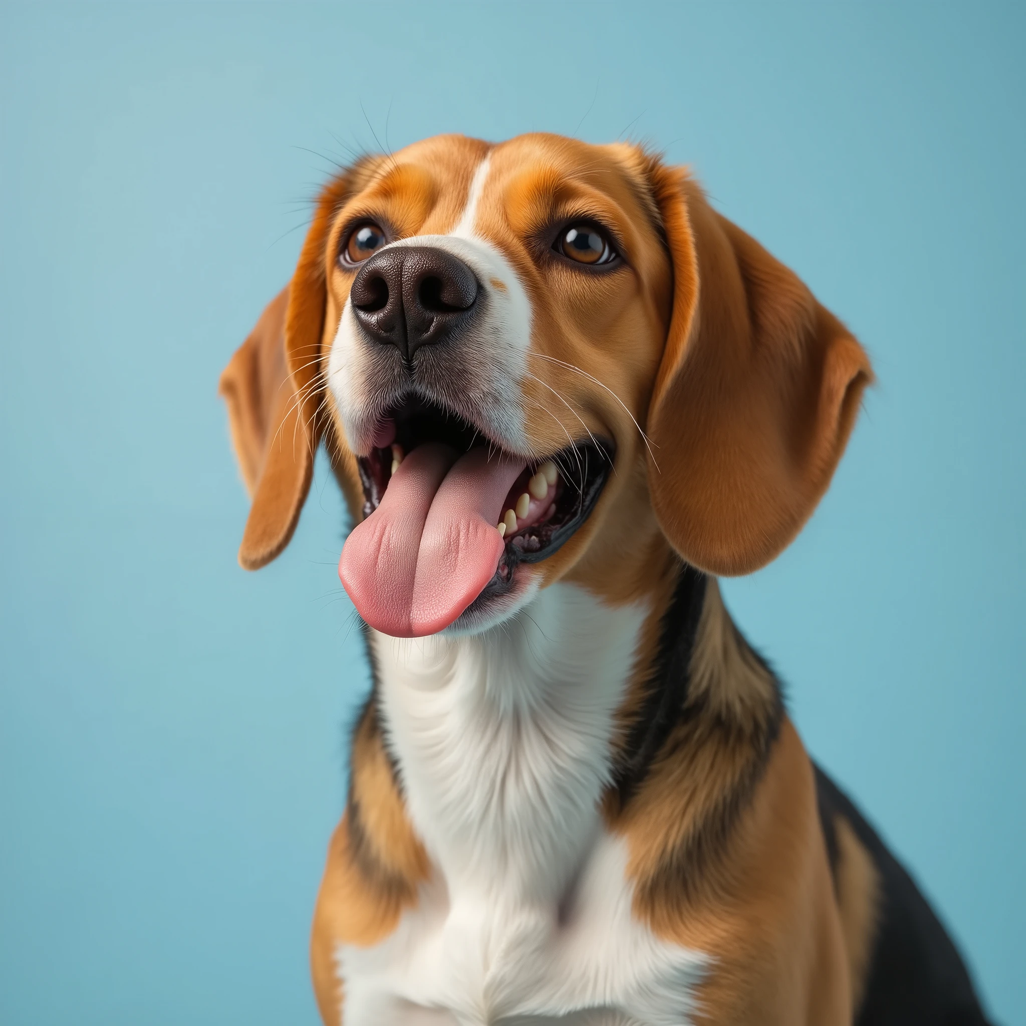 Photorealistic image of a happy beagle dog with tongue out, looking into the camera playfully from the side, head tilted, on a solid light blue background. Sharp focus, natural lighting, high detail, realistic fur texture, fun and cheerful expression, DSLR photo quality, minimal background.