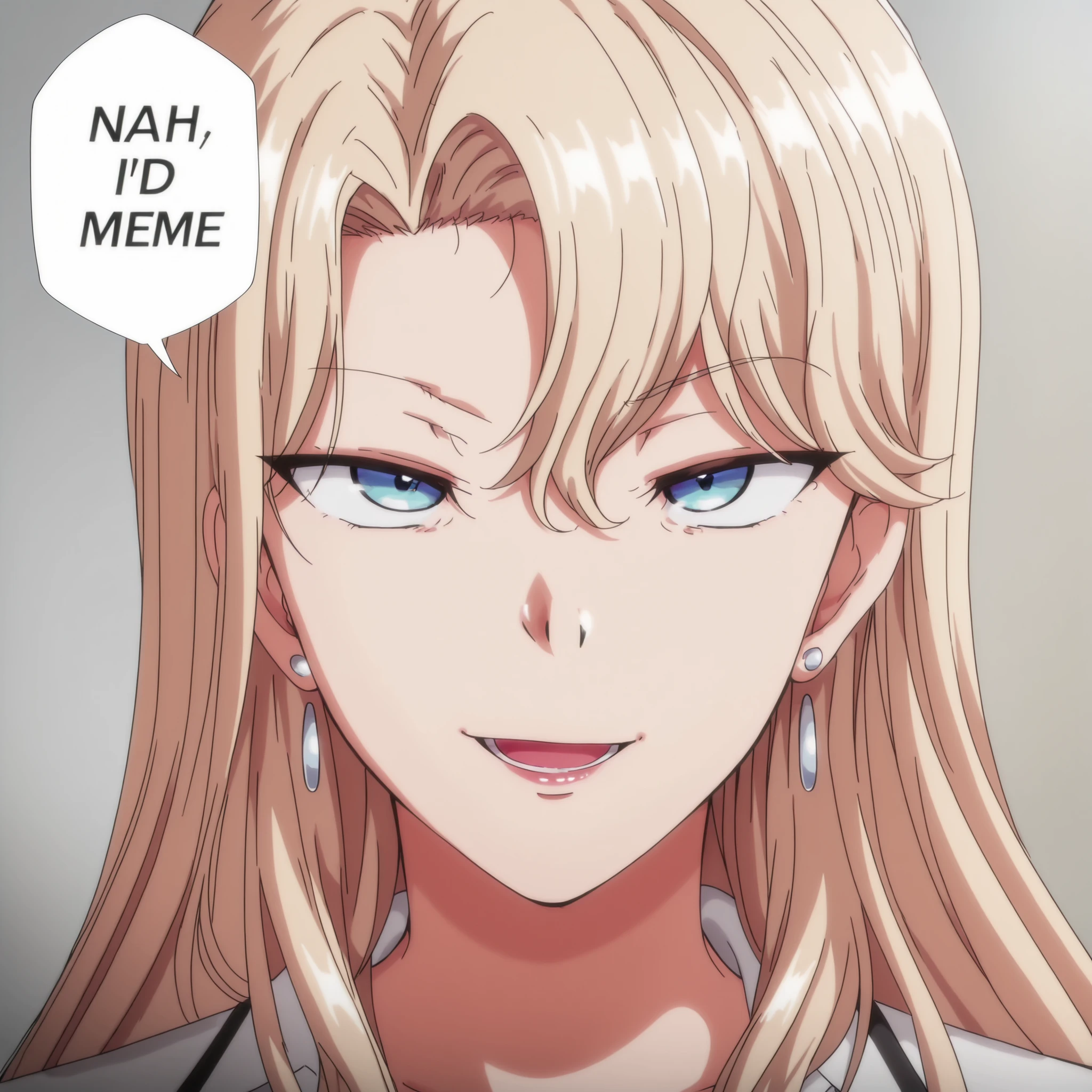 score_9, score_8_up, score_7_up, reika kurashiki, blonde hair, long hair, blue eyes, source_anime, nah id win, nah i'd win (meme), english text, speech bubble, meme, talking, straight-on, portrait, smile, confident look, open mouth, side view
