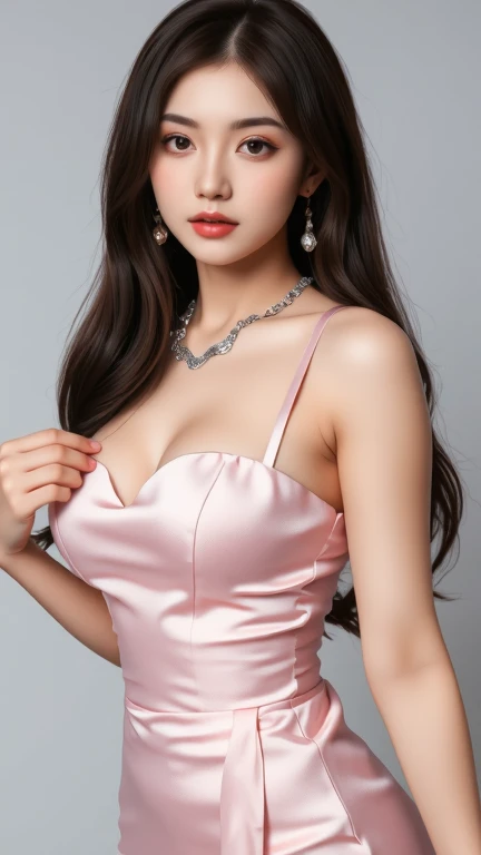 Young woman, oversized manga-inspired eyes, glossy lips, L cup bust size at 110 cm, underbust of 77 cm, narrow waist, wide , dressed in sweat-stained light pink silk dress, dynamic pose, long flowing black hair, crystal drop earrings, delicate chain necklace, serene light grey backdrop, professional studio lighting, ultra-detailed textures, 8k resolution