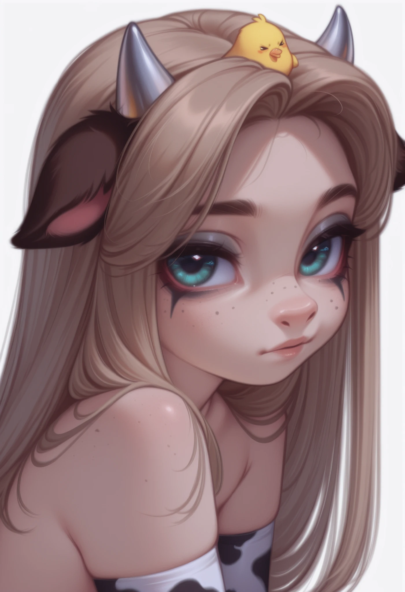 1girl, cute age girl with long straight light brown (russet) hair, fair skin, soft facial features, tired expression, grayish blue-green eyes (hazel-gray), subtle makeup, looking at the viewer, semi-realistic or anime-style, high detail, crisp lines, soft lighting, realistic portrait, no background clutter , girl sitting, white background, cow spot stockings, medium-sized , chick