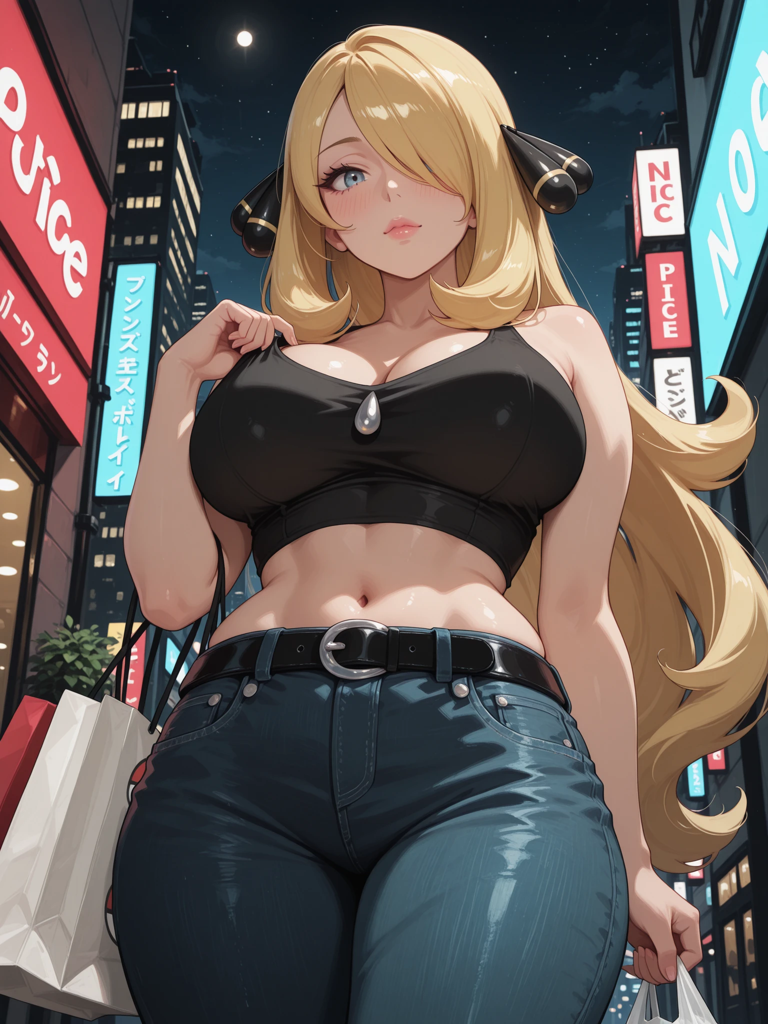 1girl, cynthia_pokemon, yellow hair, blue eyes, perfect eyes, hair over one eye, one eye behind hair, nice lips, large breasts, blush, curvy, spotlight, thick eyelashes, masterpiece, best quality, amazing quality, very aesthetic, absurdres, newest, highly detailed,high-resolution, black tied crop top, denim jeans, black belt, outside, city, nighttime, gesturing at self, from below, shopping bags