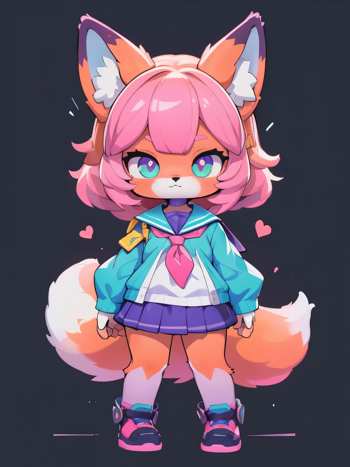  Female hairy purple fox  , orelhas de raposa, cauda de raposa , quadris largos , Corpo Pele Branca, SIMPLE BACKGROUND , corpo inteiro, standing, chibi. (Estilo Cyberpunk), ( masterpiece , alta qualidade , melhor qualidade, 8k, High resolution), ((estilo chibi, chibi cute)), (sozinho, Uma garota ), {garota raposa, Cara de Raposa, 2 presas , long lashes, delineador} { bigodes de raposa }, ((( Fox skin over the body , fox stripes on the body , visible ears  ))), (( long pink hair )), Grampo de cabelo, [[ Cyberpunk hair clip ]], ((muito feliz)), ((boca aberta)), [Rainbow pupil  ], ((olhando para cima)), (breasts that are too small), thin arms, (  arm down), axilas, (((Hong Kong school clothes ))),  {{{ cauda de tigre mini , cauda nas costas }}}, (((  Blow from above the body  ))), (((standing))), fundo Preto, SIMPLE BACKGROUND , (((( school clothes in Hanayome )))), ((  Dazzling vivid color  )), estilo anime, masterpiece , anatomia perfeita. 