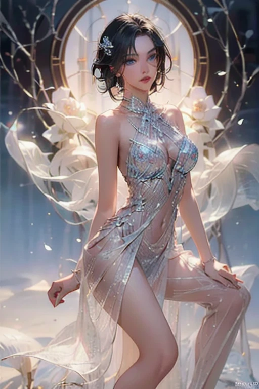 1girll,(enchanced quality:1.4),(Top quality true texture skin), Delicate face,Black hair, Gradient hair, Petite body,(perfect bodies:1.1), There are precious stones on the forehead, rimless eyewears, Sparkling pupils,long eyelasher,grin, hyper photorealism, Cinematic lighting, projected inset, surrealism, hyper HD, Masterpiece, 16k,Lie down,dream on,Wear transparent silk pajamas,Carmelto,Legs slightly open,Tattooed with,Fantasy space,Luxurious space
