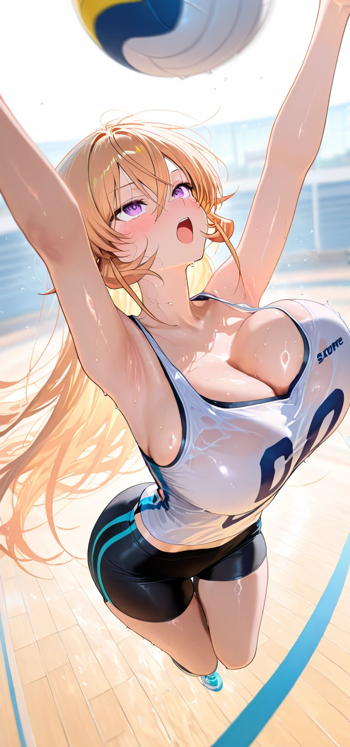 ((masterpiece)), ((high quality)), ((super detailed)), ((high resolution)) ,((8k)),a beautiful woman, ((She is one of the most famous actress in Japan.)), unparalleled beauty, ((large breast:1.6)), ((large ass)), ((deep cleavage)), slim waist, chest out, ultra detailed face, perfect skin, (((waist length hair, ((long straight golden hair)), crossed bangs))), blue eyes, detailed eyes, whole body image, sexy, an inviting smile, sensual, (((anime))), ((glamorous)), sexual attraction, 23 years old, ((incredibly beautiful woman)), ((The H cup bust)), ((((sexy pose)))), ((neat and clean.)) , (((Power Ranger))), heroine, (((Open-neck tank top, high leg cut shorts))), ((beautiful breasts)), beautiful legs, 8 life size, anime, the most beautiful and strongest, ((charm)), ((gravure pose)),((british beauty)), ((Grown-up face)), Training Room, wet,