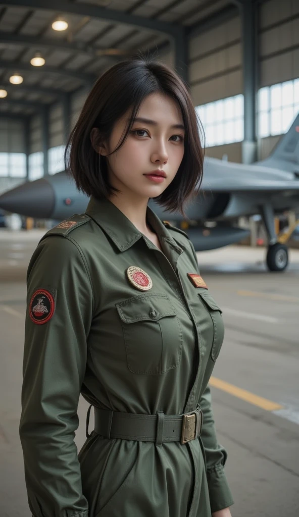 ((A girl wearing a camouflage Army military uniform)),(full body),((the girl has very short hair style:1.68)),((the girl is 15 years old)),(the girl has abnormal ultra extra gigantic huge breasts:1.98),(the girl's each breast is more than the nineth times size of the girl's head:1.98),feminine,((baby face:1.37)),((very cute face:1.37)),((small nose,slim waist,small hip)),brown hair, smooth hair, smooth skin, ((big double eyelid eyes)), ((brown eyes)),((At the Air Force Base)),((Fighter jets are lined up behind the girl)),