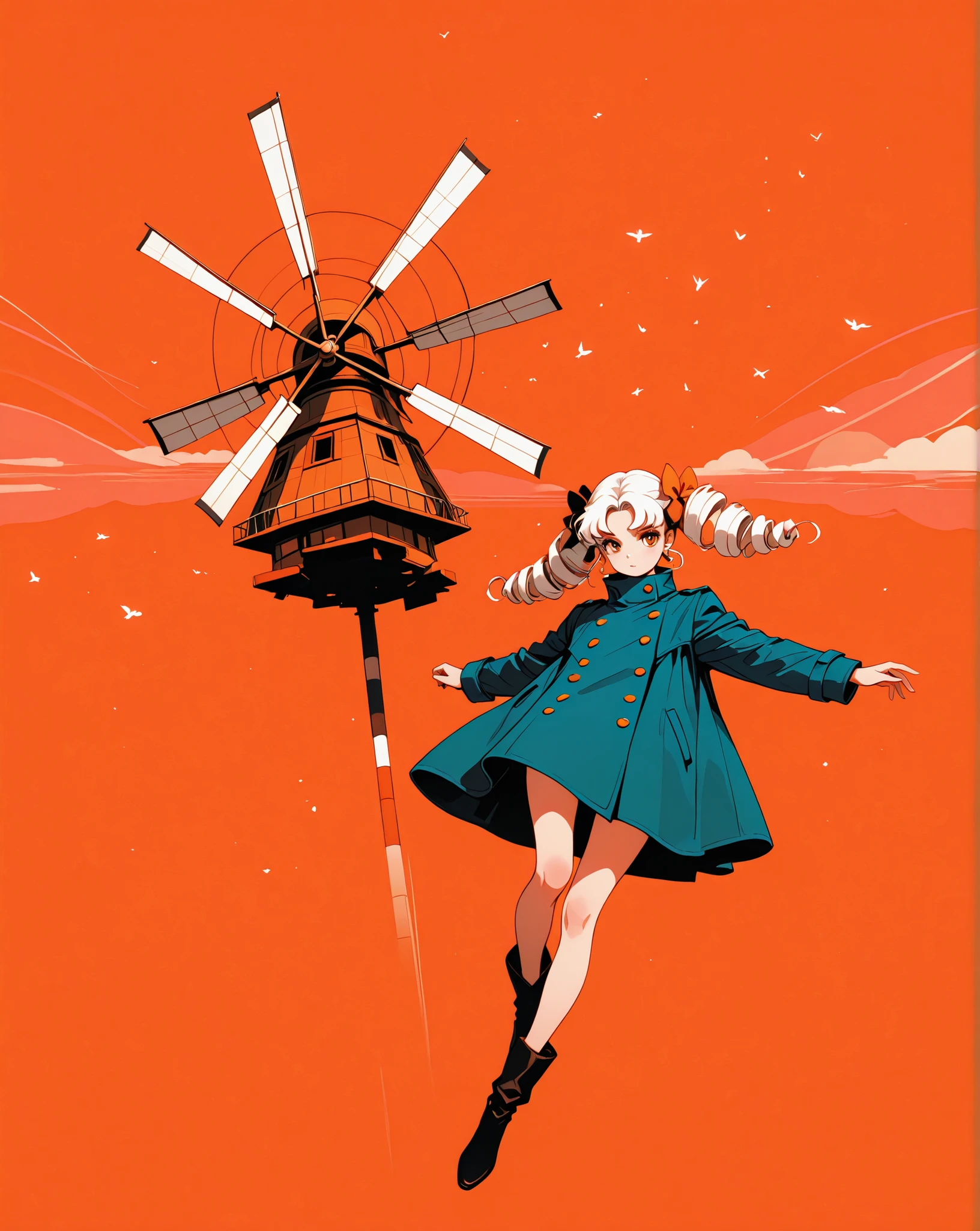  incredibly absurdres, best quality, amazing quality, very aesthetic, retro artstyle, abstract, orange theme, dry blush, ish drawing, geometric, 
1girl, drill hair, white hair, blue trench coat, flying hearts, windmill, 
full body, zoom out, 
