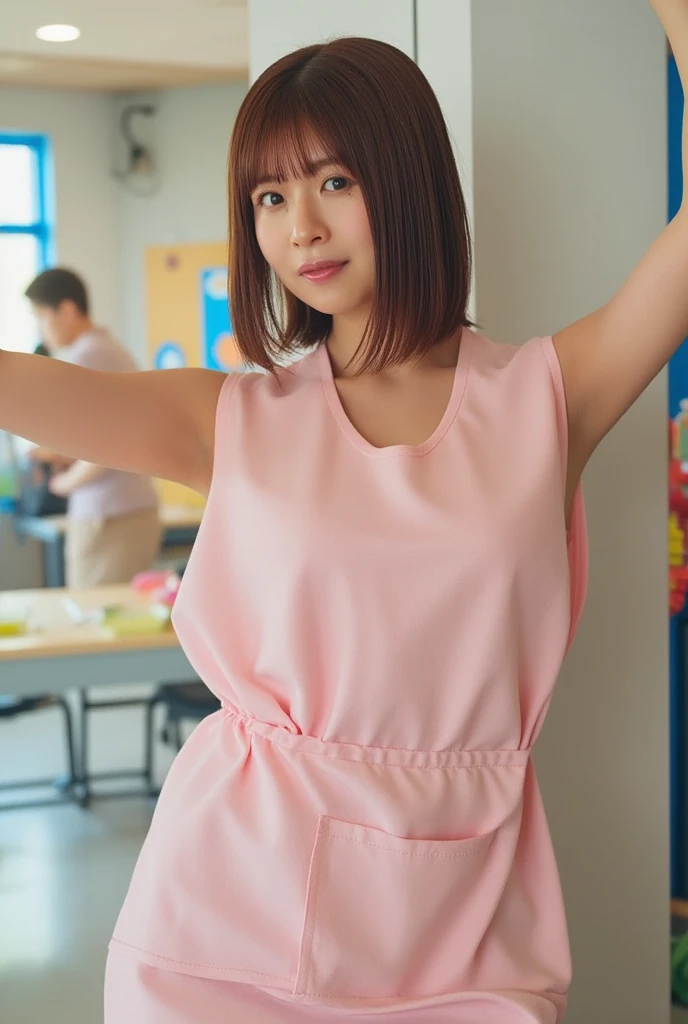 (((nsfw)))、close range、Beautiful woman、cute、((Female Nursery Teacher))、smile、Extra Long Hair、((Delicate photo)),(Detailed RAW photos of girls), (Tabletop:1.0), (Highest quality:1.6), (Ultra-high resolution:1.5), (Realistic:1.75), 8K resolution, Absurd, Ultra-detailed,Cinema Lighting,、nursery school、((Wearing an apron))、(Hairstyle with bangs)、Long sleeve T-shirt、((Colorful kids room:1.1))、((Lots of toys:1.))、((cute壁紙の部屋))、((Simple panties are visible:1.2))