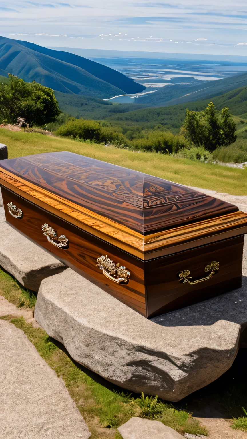 wooden coffin with Viking engravings. On a smooth rock. on a mountain.