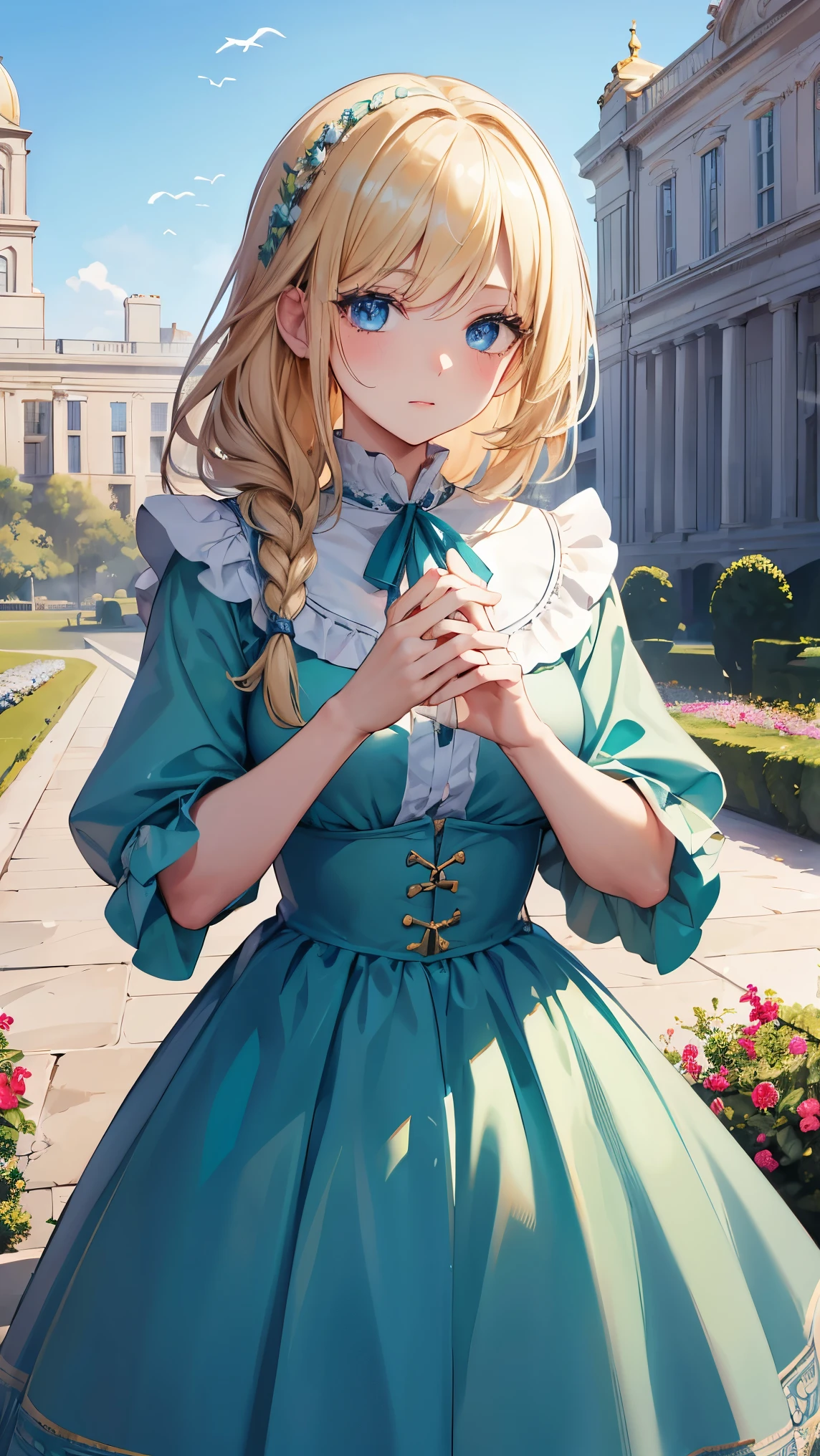 masterpiece, Highest Quality, very well detailed, 16k, Ultra High Definition, Cowboy Shot, detailed face, perfect fingers, 1 woman, , blue eyes, blonde, braiding, Royal Palace, garden, , A green and white dress with birds drawn on it