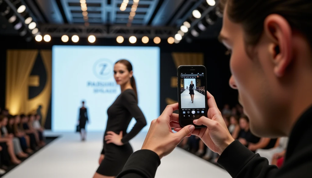 Scene captured from the perspective of a smartphone camera, "filmed on iPhone" From a fashion show with beautiful models, one of the models is taking a picture of them with a smartphone
