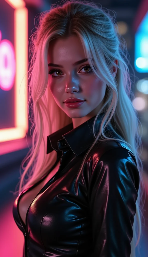 An ultra-realistic CG illustration of an jess nigri woman with a piercing gaze and bold makeup. She's wearing a leather jacket with a crop top, and her long blond hair is styled in a sleek updo.