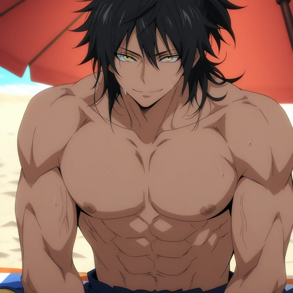 absurdres, highres, ultra detailed, HDR, master piece, best quality, extremely detailed, Ulquiorra Cifer, black hair, expressive green eyes, pale skin, Bleach, solo, sexy man, handsome, horny, sensual, bare chest, toned chest, island, sea, beach