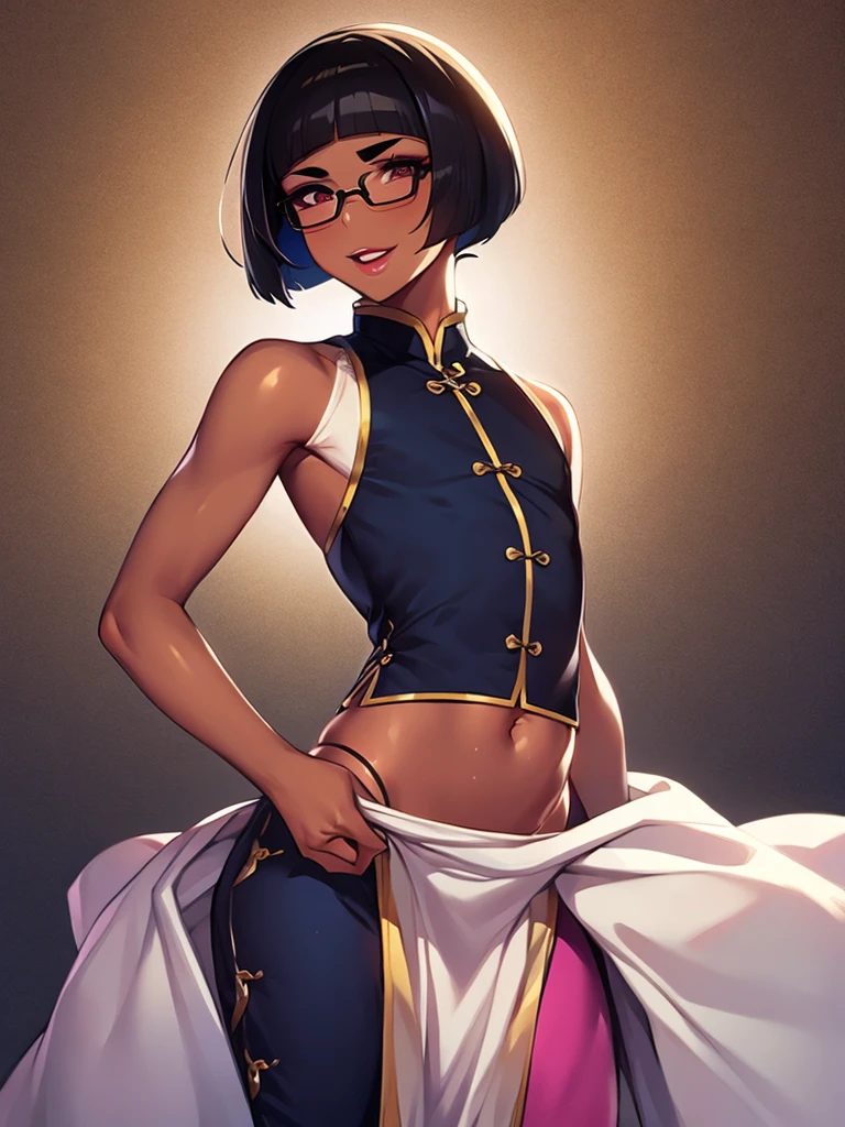 (1 boy solo:1.4),(flat chest),(dark skin:1.7), (masterpiece:1.2), highest quality, High resolution, unity 8k wallpaper, (fine and beautiful eyes:1.6), highly detailed face, perfect lighting, Detailed CG, (perfect hands, perfect anatomy), 20 years old, (black hair:1.3), (evil smile:1.4), detailed eyes, best quality, extremely detailed, very precise detailed, (glasses:1.6), (blunt bangs:1.3), (open mouth:1.3), (very short pixie cut:1.2), (Sandals:1.2), smile, (half closed eyes:1.3) ,long sidelocks, (blush),(leaning back),navel,(kneeling:1.3),(Put left knee in front:1.5), (arms behind head),(arabian clothes:1.5),,(see-through harem pants),spread legs