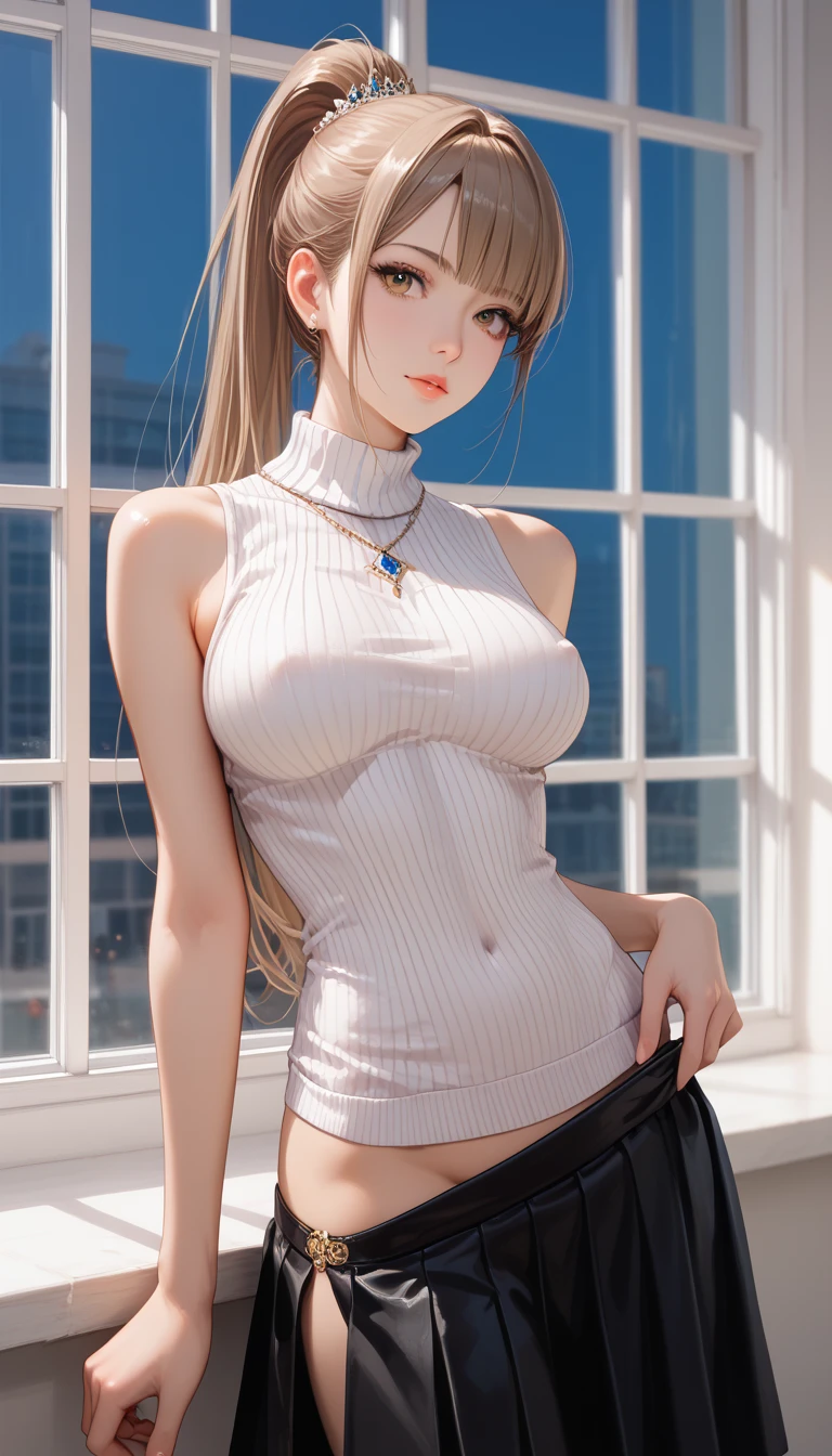 tmasterpiece：1.2，best qualtiy），realisticlying，Dress less revealingly，（Real pictures，Complicated details，depth of fields），（1girll，独奏），putting makeup on，lips parted，highly details，s the perfect face，Moderate breasts，（skin indentation),(( Slender legs)), Wide hips, big breasts thin waist, Tall, Coral lip, long whitr hair, blackigeyes, (perspired:1.2), (dampness), Raised sexy, Be red in the face,sweat shorts，basketball suit，