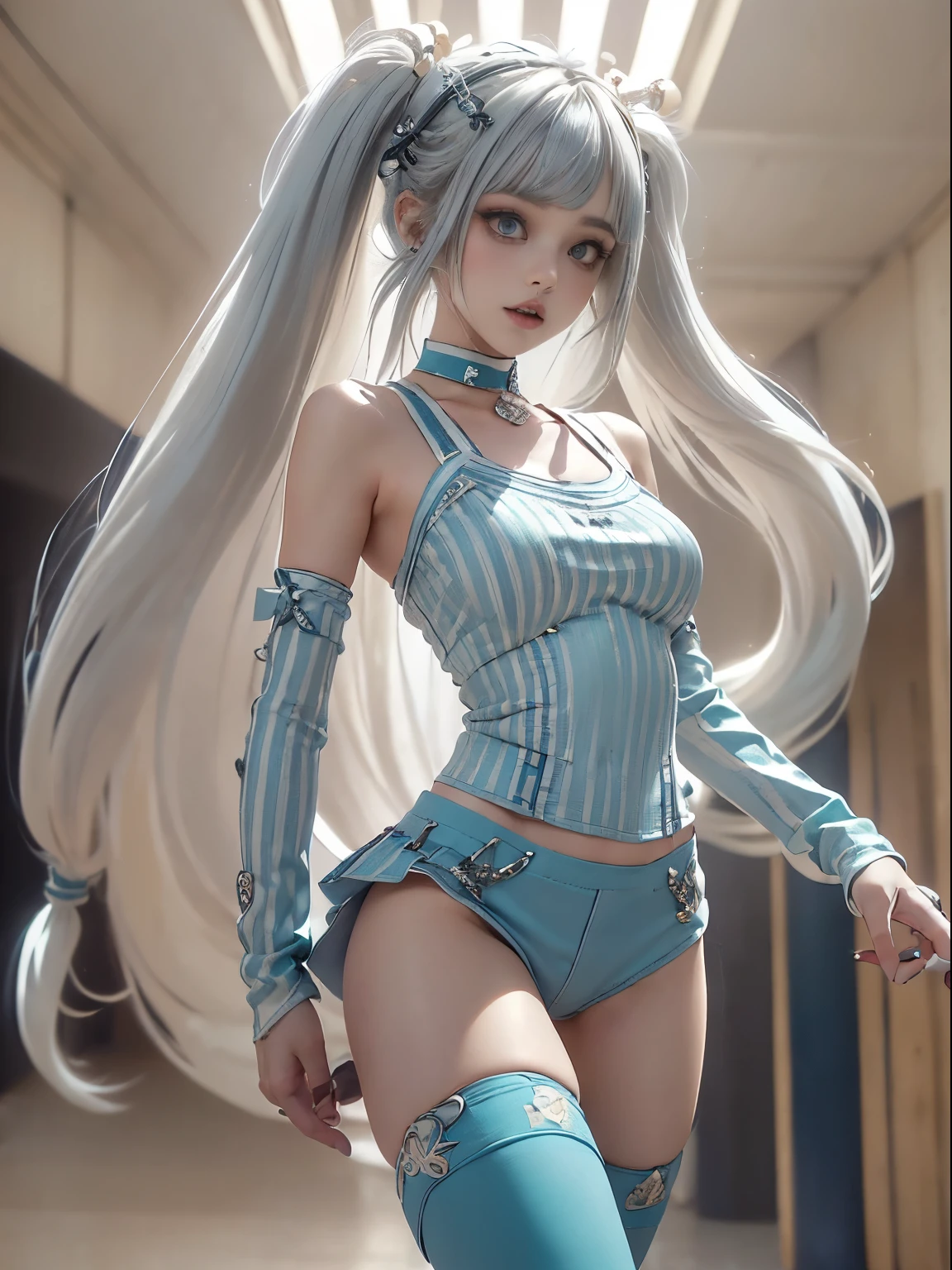 there is a woman in a short skirt posing in a room, seductive anime girl, white cat girl, advanced digital art, cyberpunk anime girl, barbie in white stockings, cute cyborg girl, digital cyberpunk art, realistic cyberpunk art, digital cyberpunk - realistic art, digital advanced realistic art, attractive cat girl, anime style 4 k, very beautiful  girl, riding with cat,