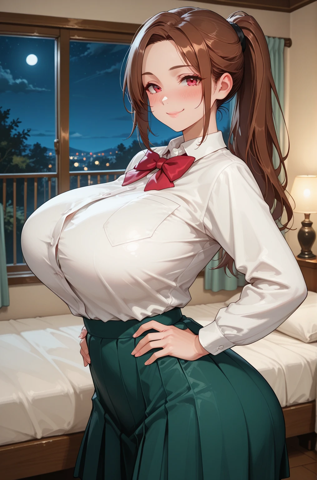(high resolution), the digital cartoon female standing, 1girl, woman, mature female, house wife, 40 years old, curvy, breasts, smile, (pajamas:1.5), gigantic breasts, solo, brown hair, ponytail, blunt bangs, brown eyes, looking at viewer, bedroom,
