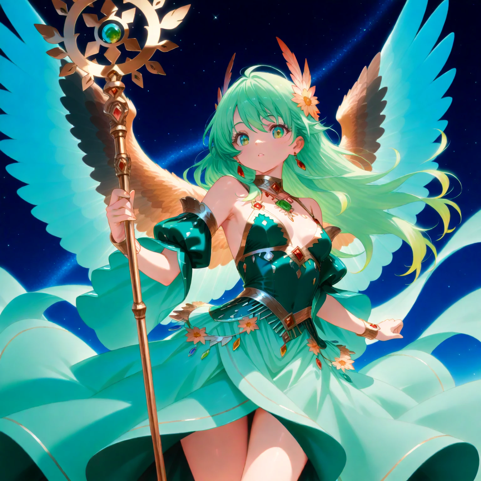 seiken_densetsu_mana_xl, 1girl, riesz, long hair, solo, trident, blonde hair, low-tied long hair, helmet, breasts, green bow, cleavage, shoulder armor, winged helmet, blue|green eyes, green dress, very long hair, hair bow, bridal gauntlets, medium breasts, looking at viewer, full body, holding polearm, pauldrons, parted lips, dynamic pose,
floating down from the heavens, whorled clouds, above clouds, 8K, very aesthetic, highres, intricate detail, cinematic lighting, amazing quality, amazing shading, detailed Illustration, official artwork, wallpaper,
extremely detailed eyes and face, beautiful detailed eyes,
from above, thigh gap, zettai ryouiki,
<lora:aesthetic_anime_v1s:1>
<lora:seiken-densetsu-mana-xl:1>
<lora:IOS_Iridescent_opal_style:0.8>