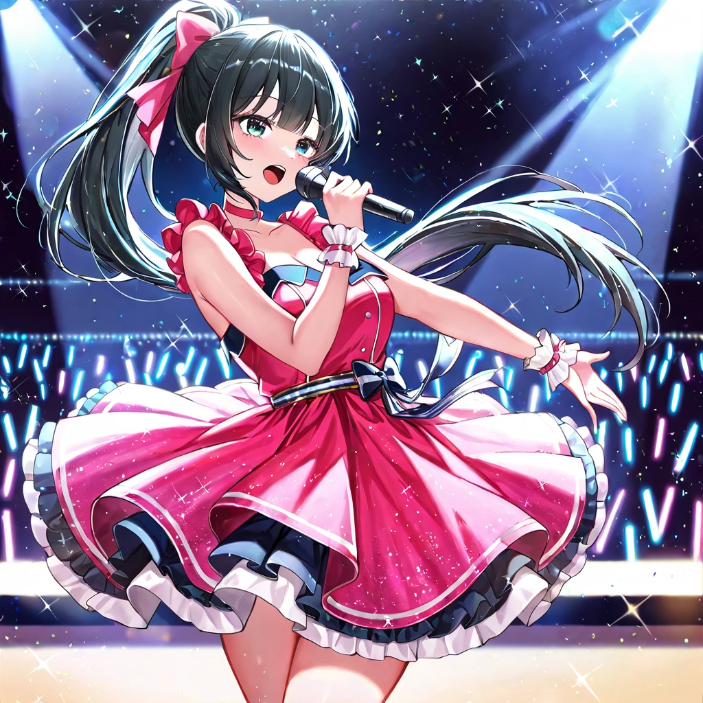 (8K, RAW Photos, Highest quality, masterpiece: 1.2), High-quality RAW color photos, Professional photography, Cinematic Light, On a small stage、Wearing a colorful blue idol costume、Surrounded by bright stage lights、Facing forward、Facing the customer,いっぱいに舞うConfetti, カラフルなConfetti, With a lively crowd and a vibrant atmosphere、On a small stageperformanceする女の子、Underground Idol、（Beautiful Eyes、Beautiful Lips、Highly detailed eyes and face、Long eyelashes）、 Shining Spotlight、Professional stage effects、Confetti, Energetic dance moves、Dynamic stage background、(Japanese Pop Culture、music、concert、performance)、Bright colors、Soft pastel tones、Dazzling stage effects。