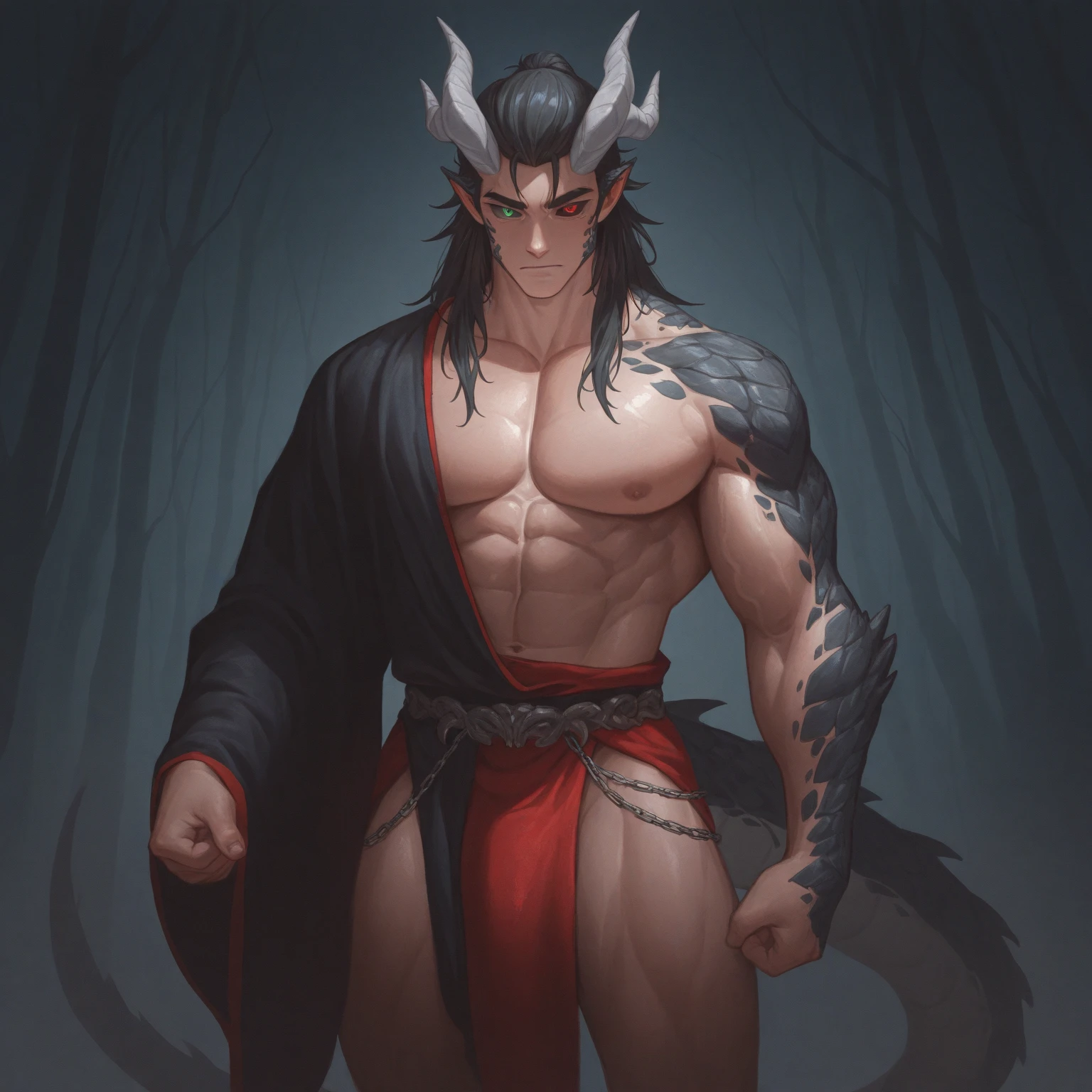 Huge muscles,((Huge erect penis)),Ashton,Robe,Two Dragons,紫のRobeに青いマント,Black Bandana,Her hair is chestnut brown and medium-long and straight.,Carrying a sword,,Face enduring pain,宝石の装飾がついたRobe留め