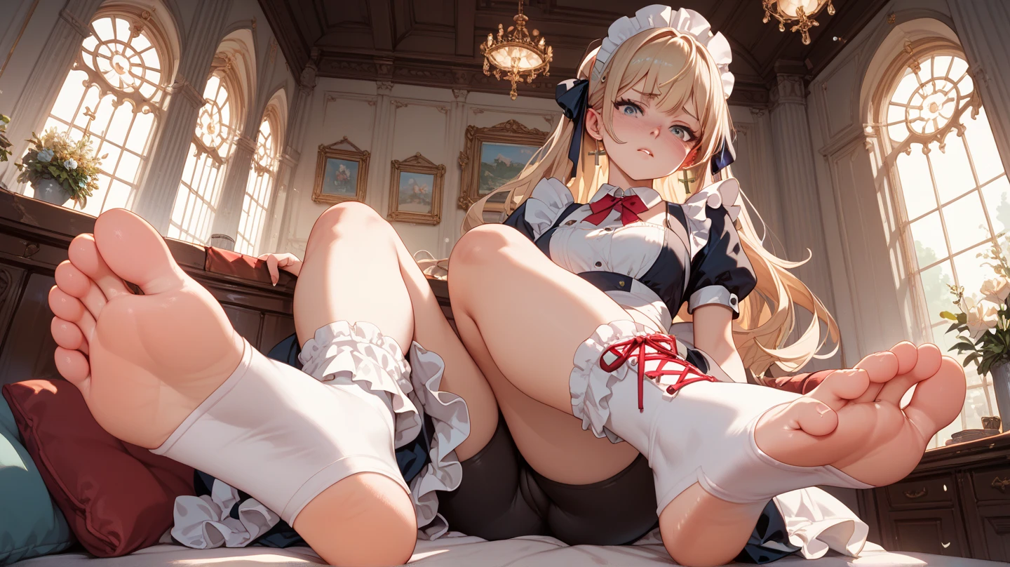 1girl in, (No Panties),(OPEN twat), length hair, blue eyess, blonde hair, diadems, sitting on, I don't wear any underwear、A pose where you can be seen from below、Spreading legs with both hands、full view, doress, the bow, The card, pinafore, shairband, PlayingCards, looking at the viewers, shortsleeves, the bow of the hair, blue hairband, a smile, red blush, hand on own face, blue dress, alice(alice in Wonderland), hair between eye, a chair, Black pantyhose, blue the bow, a throne, puffy sleeves, Put your hand on your cheek, bangss, apron dress, shortsleeves, bow ribbon、very long hair、mini crown、foot out of frame、frilld、white pinafore、:q、​masterpiece、top-quality、((lifted skirt、Pussy、camel's toe)))、SEX、NFSW、anus,