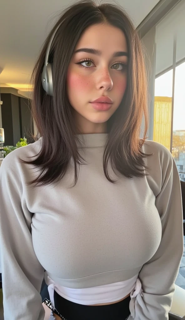 Beautiful 26 years old dj woman, 170cm high, 60kg weight, white skin, long dark hair, light gray eyes, wearing cropped jacket, heels, vinyl records shop, playing vinyl records close to the window, natural morning light, realistic portrait, highly detailed, analog style, deep cleavage, breast, (((full body))), smile, cute sit pose, underboob, big earphones, pantyless
