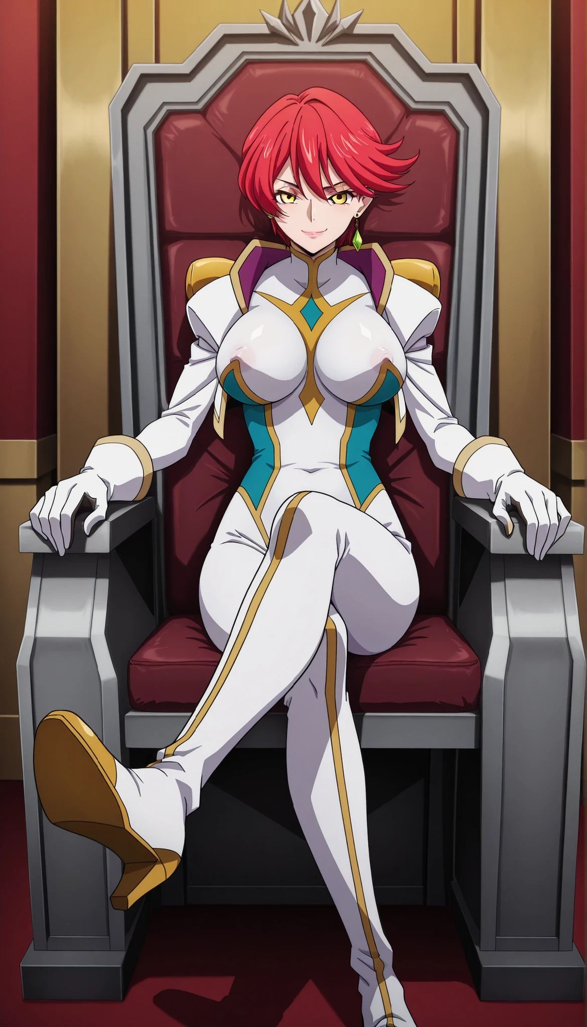narah_pilotsuit,narah vaughn,1girl,solo,red hair,short hair,breasts ,yellow eyes,gloves,jewelry,earrings,lipstick,large breasts,mature female,MILF, standing , score_9, score_8_up, score_7_up, score_6_up, score_5_up, score_4_up , narah_pilotsuit,narah vaughn ,,, smile closed mouth ring earring locking at viewer large breasts huge breasts , covered nipple , happy, leg up, grey throne, skin tight, heel sole, long legs, smirk, smile, impossible clothes, full body, indoors, sitting on throne, sitting