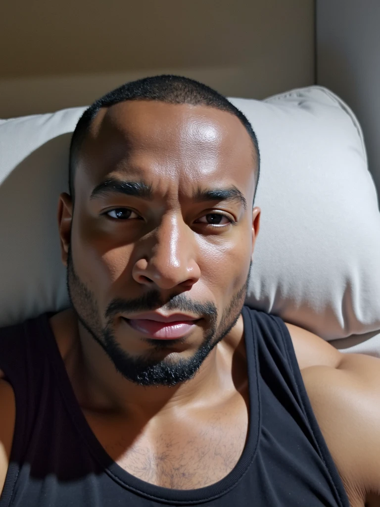 black male, 23 year old, short shaved hair, mustache and short goatee, lying on a bed covered only by sheets, by his side a muscular redhead with blue eyes. DC Comics panel art