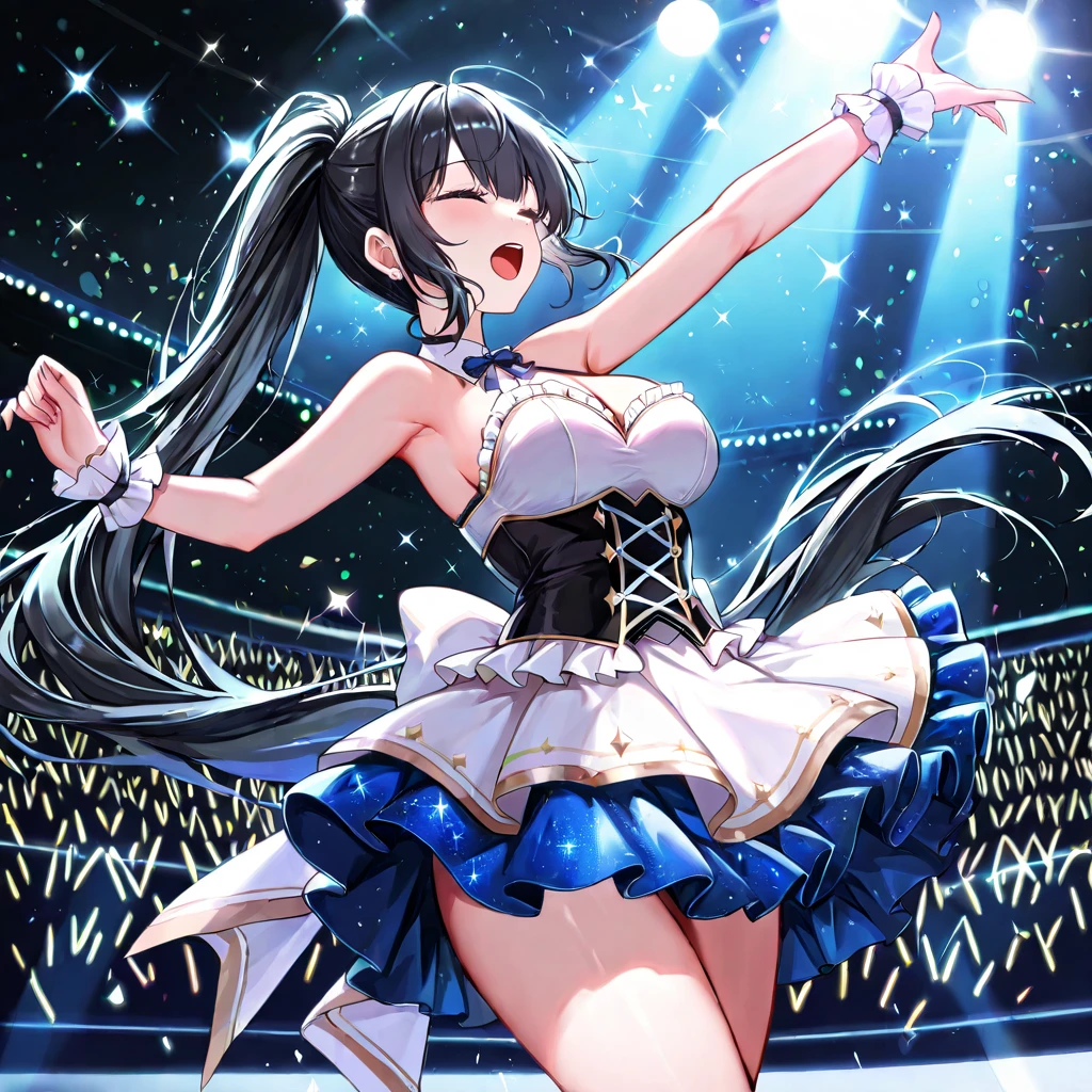Long hair、 (PURPLE eyes:1.5), Stars in your eyes、PURPLE hair, Idol Costumes、microphone,Concert Stage、singing、(Small breast:1.2), BREAK looking at viewer, BREAK outside, BREAK (masterpiece:1.2), best quality, high resolution, unity 8k wallpaper, (illustration:0.8), (beautiful detailed eyes:1.6), extremely detailed face, perfect lighting, extremely detailed CG, (perfect hands, perfect anatomy),Dynamic、Dynamic pose、whole body、Angle from below、