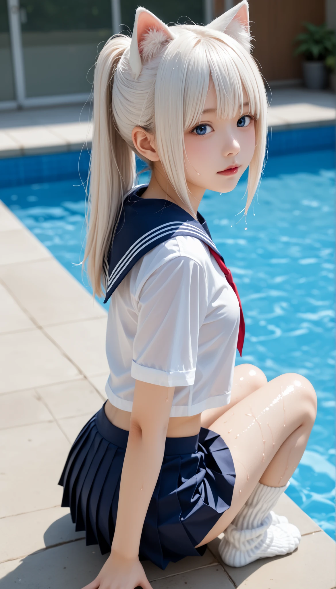 white hair、Longhaire、grey eyes、School swim wear、Twin-tailed、knee high socks、Lori、ssex、animesque