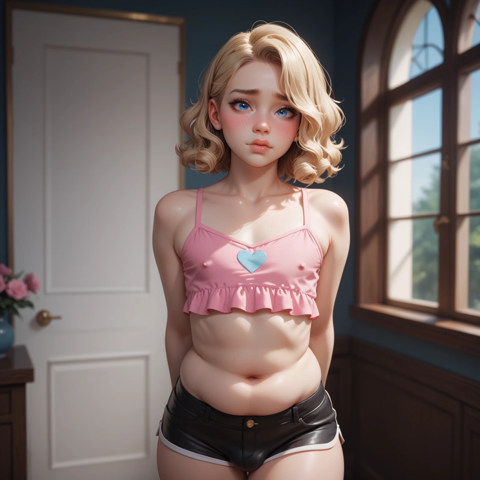 primary school, ultra realism, photorealistic, beautiful sexy little tween Russian school girl, thin, long blonde hair, blue eyes, nice bottom, nice bottom, big red lips, dressing like a whore, tiny short blue plaid skirt, scared, nice legs, nice bottom, standing on bedroom at night, ultra realistic, wearing glasses, wearing cropped top, fit, pony tail, ful body image