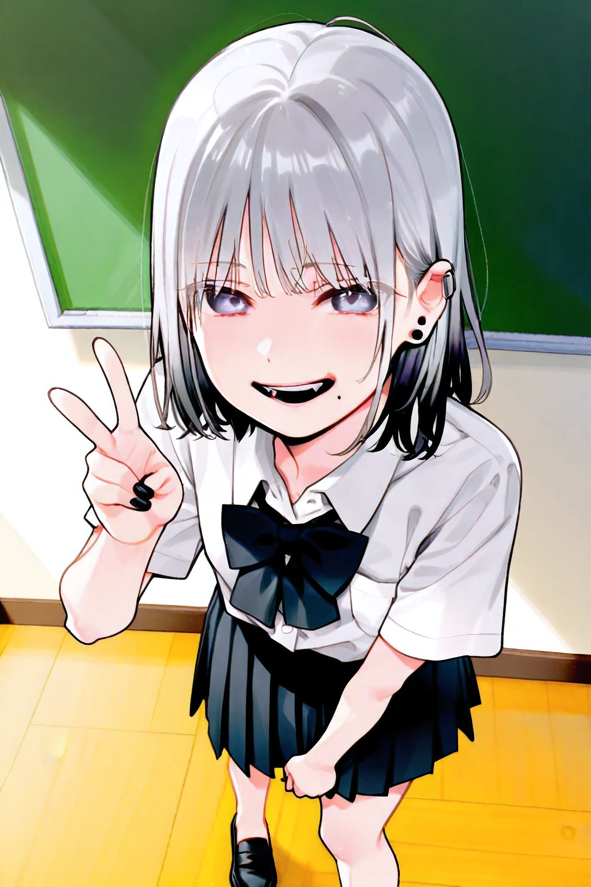 Fuzuki_Fuuro,1girl, solo,front view, silver hair,mullet hairstyle,wolf cut, tousled, fluffy, airy texture, natural movement, white school shirt, large black bow tie at the collar, black pleated skirt, japanese high school uniform, loafers, bare legs, no socks, black nail polish, ear cuff on right ear, multiple small black stud earrings, a small, clear black beauty mark just below the right corner of her mouth, a tiny, distinct black mole near the right side of her lower lip, a visible black spot below the right side of her mouth, sharp facial features, slender jawline, clear skin, smiling, classroom background, anime style, high detail, purple-tinted eyes, light purple gray eyes, clear eyes, making a peace sign,a small, clear black beauty mark just below the right corner of her mouth,a tiny, distinct black mole near the right side of her lower lip,a visible black spot below the right side of her mouth,hair curving along the neck and flipping outward,ends of hair dramatically flicking outward,hair framing the face and neck, tips curving outward,no hair accessories
