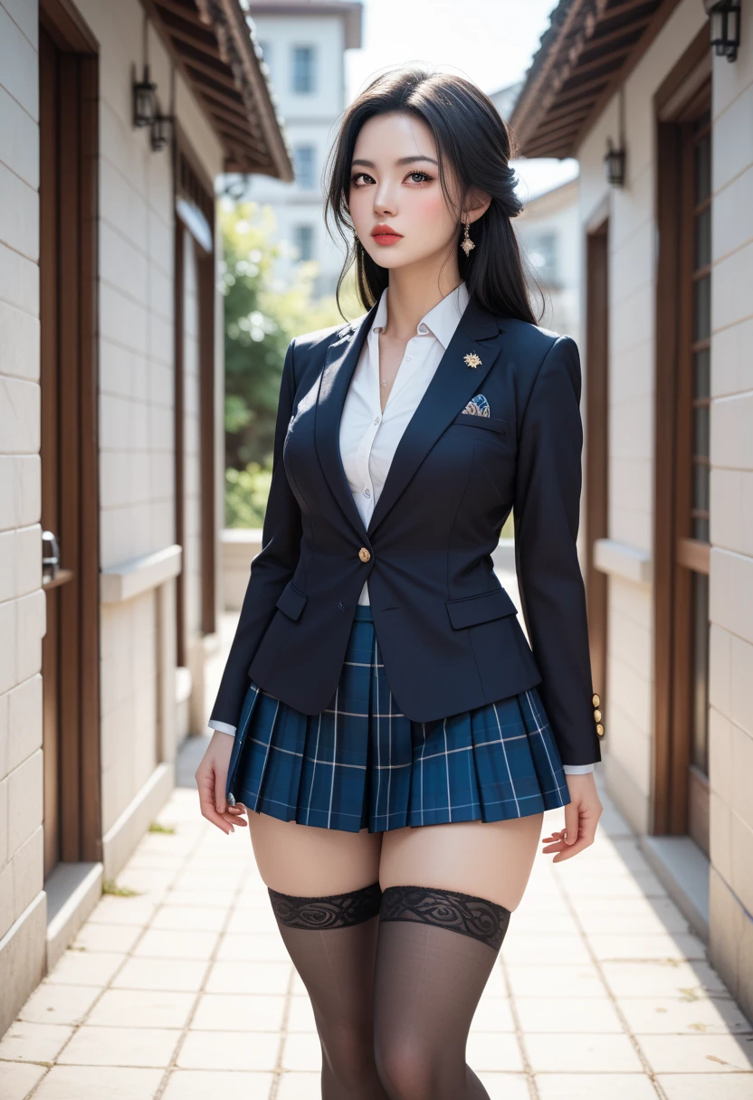 (8k), (highest quality: 1.2), (Realistic), (Realistic: 1.37), Ultra-high resolution, (1 girl), cute, smile, Mouth closed, Beautiful details, Beautiful Nose, Wet Hair, Giant Dulcefo, pork, Thighs，Self Snap,University uniform,A simple navy blue blazer,Pleated skirt,(The skirt and tie are gray tartan check pattern.....:1.3),(Sitting:1), Sit on the ground,(Hug my feet:1),Black Pantyhose,from the front,knees、(skirt lift、Showing panties:1.6)