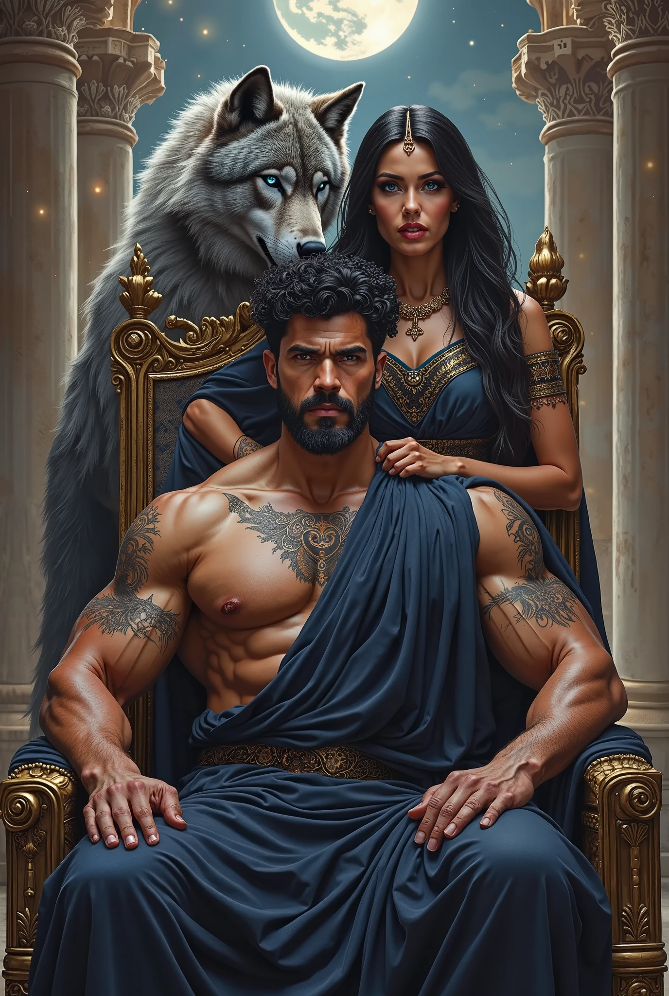 Hades sitting on his throne, with Persephone at his side and the three-headed dog, Cerberus, watching
