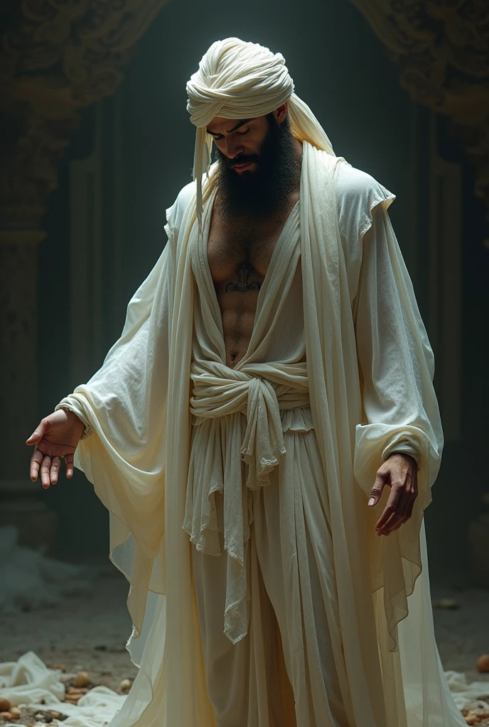 stunning photography of a handsome hunk arab men, with a long veil with intricate details and seven colors,((loincloth)),((he is spinning)),extended arms, in a beautiful rounded stained glass floor,((massive white birds flying around him)),a oniric scenery sea of clouds,dreamy atmosphere,dynamic shadows,warm contrast,cinematic,masterpiece,trending on pinterest

