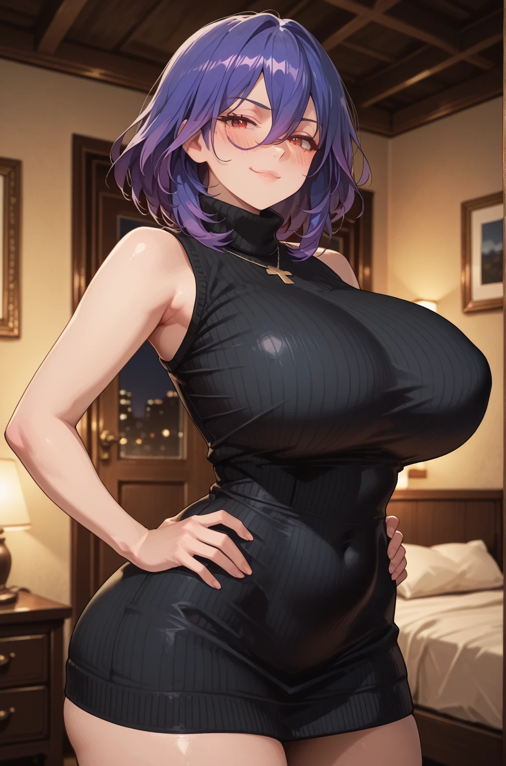 1girl with purple and short hair that big breasts and horn and red eyes and fat ass and black dress sleeveless turtleneck high heels